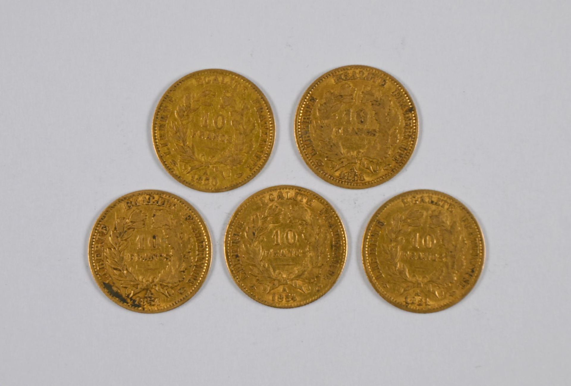 Null 一批（x5）1851、1854 和 1850 年普罗塞宾（Proserpine）轮廓的 10 FF 金币 - 除增值税外，费用降低至 13.5%