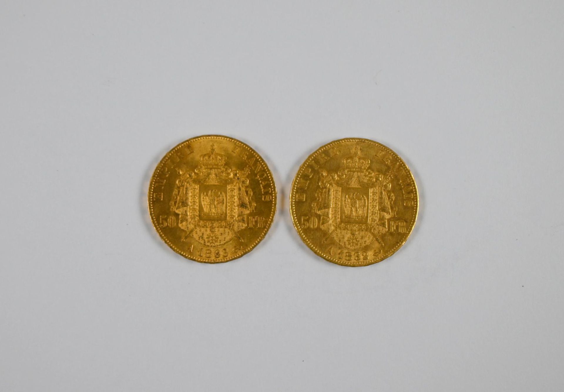 Null Lot de (x2) pièces de 50FF or Napoléon III, tête laurée, 1862 - FRAIS REDUI&hellip;