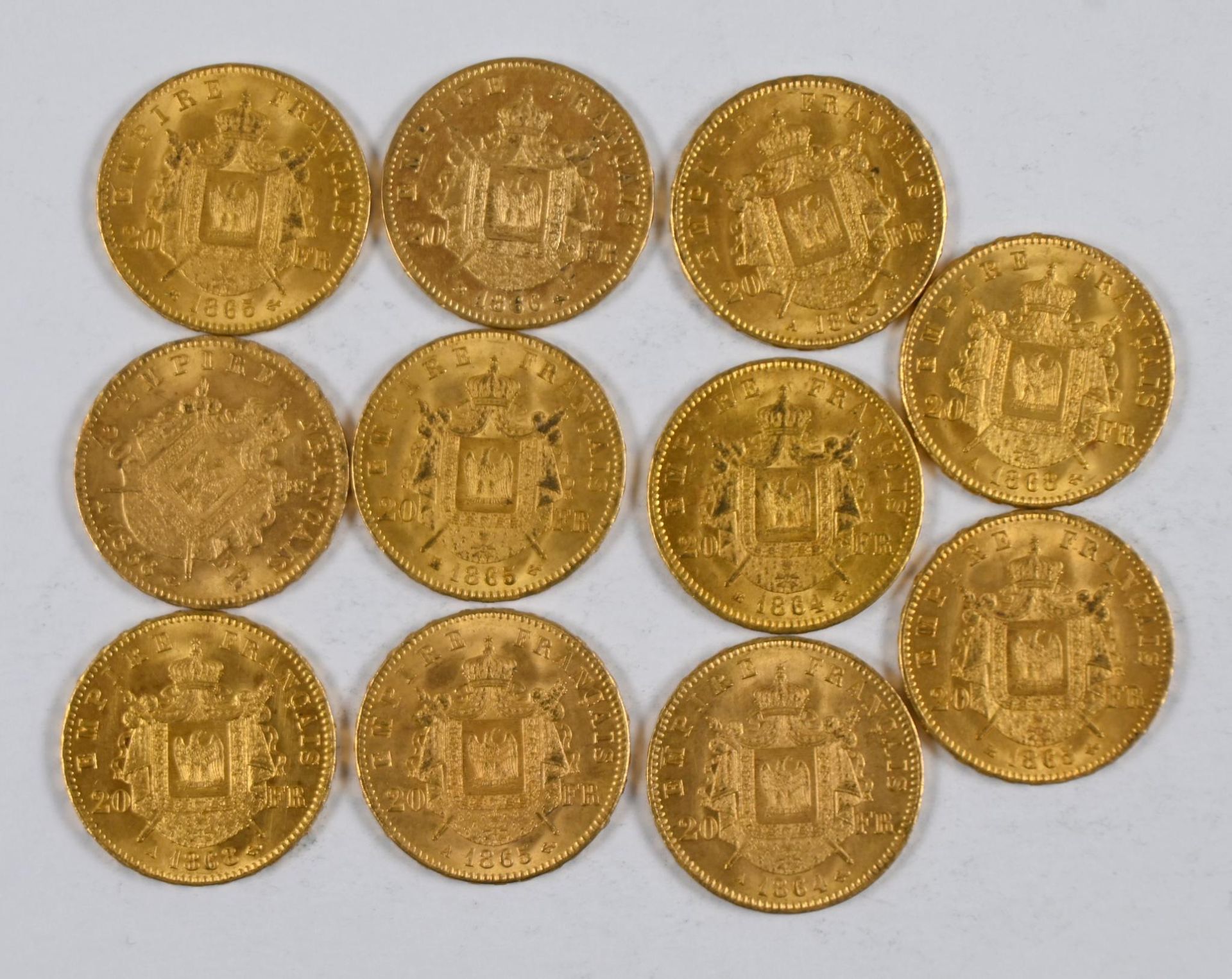 Null 一批（x11）20 FF金币，正面为拿破仑三世头像，1864年、1865年、1868年、1865年、1866年 - 税率降至13.5%（不含增值税
