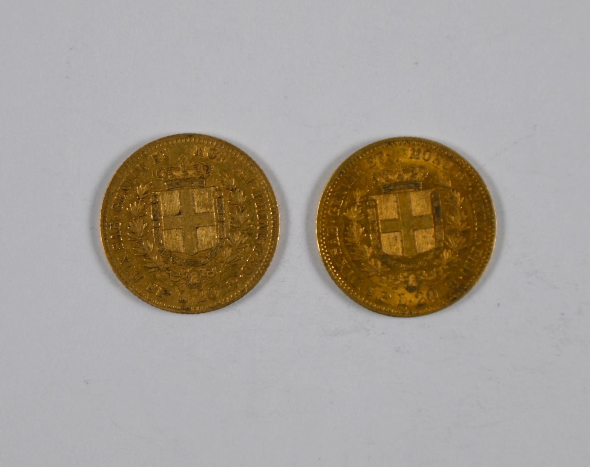 Null 一批（x2）20意大利里拉金币，印有撒丁岛国王维克多-伊曼纽尔二世（Victor Emmanuel II）的轮廓，1859年 - 13.5%的折扣费用&hellip;