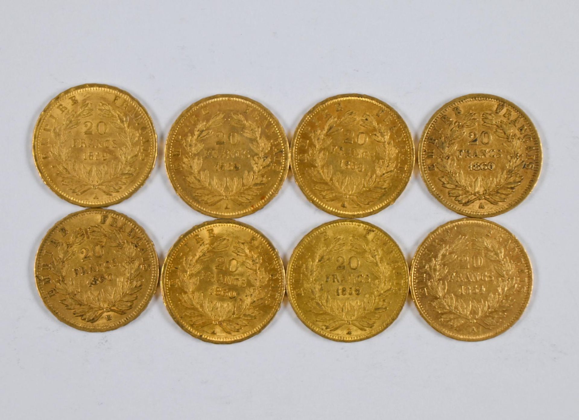Null 一批（x8）20 FF金币，带有拿破仑三世的侧面，光头，1859年，1858年，1860年，1854年 - 税率降至13.5%（不含增值税）。