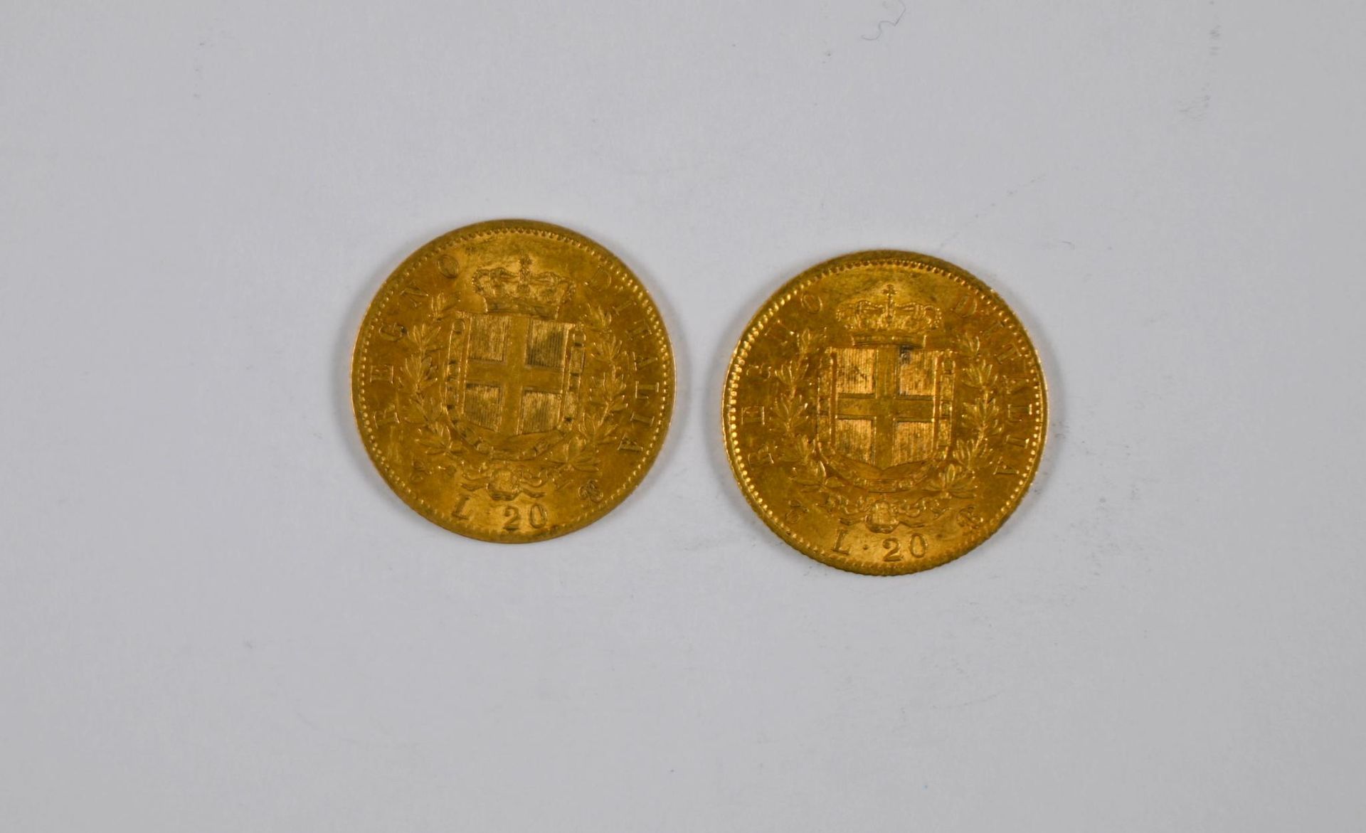 Null 一批（x2）20意大利里拉金币，带有意大利国王维克多-伊曼纽尔二世（Victor Emmanuel II）的侧面图案，1862年 - 税率降至13.5&hellip;