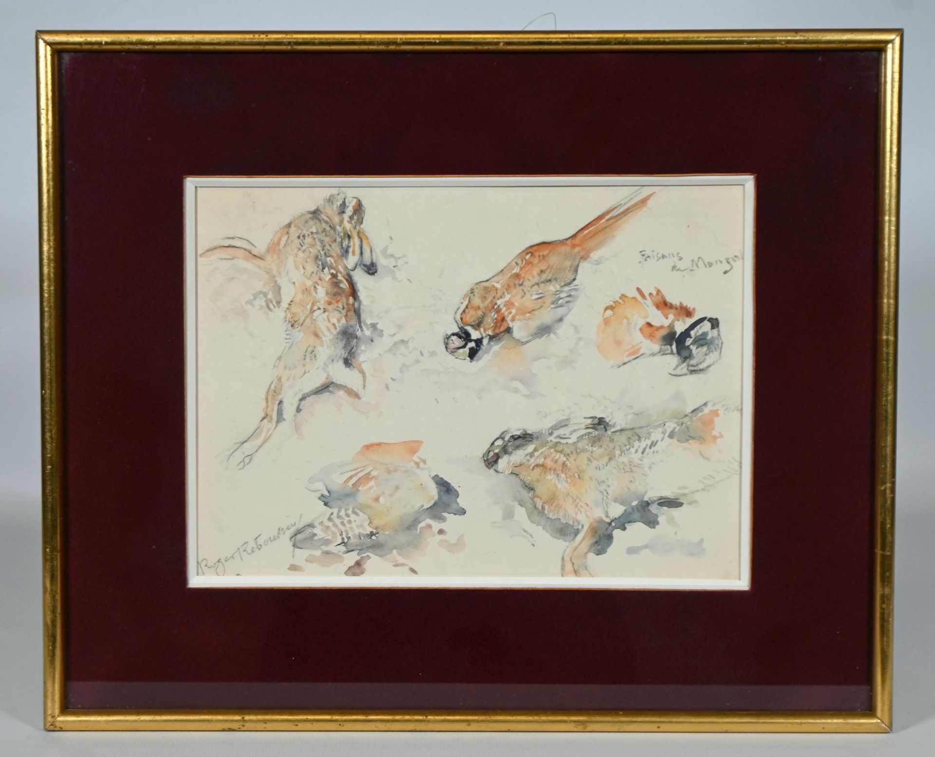 Null Roger Reboussin (1881-1965) aquarelle figurant des faisans et des lièvres, &hellip;