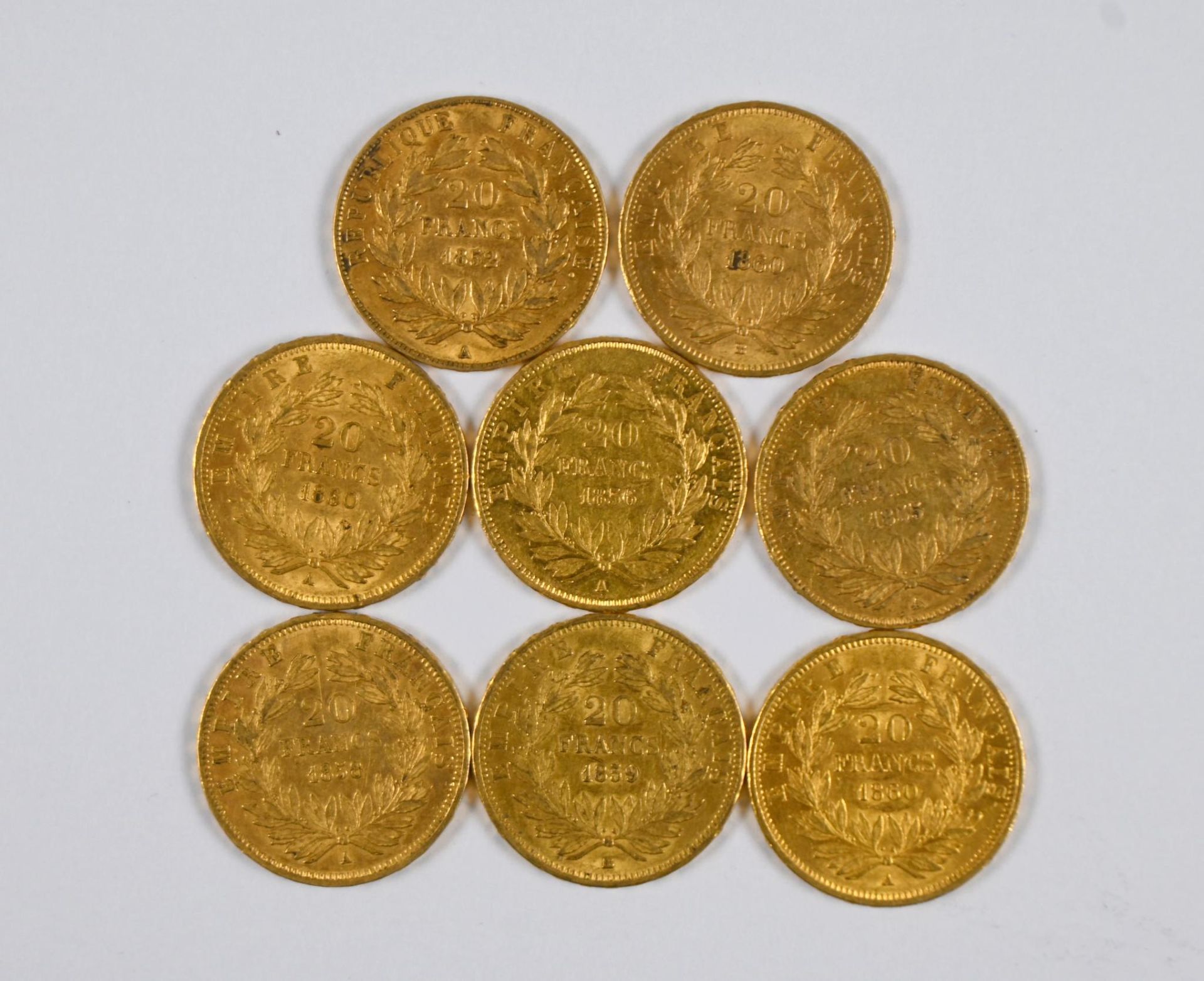 Null 一批（x8）20 FF金币，带有拿破仑三世的侧面，光头，1852, 1860, 1859, 1858, 1855, 1860, 1856 - 除增值税&hellip;
