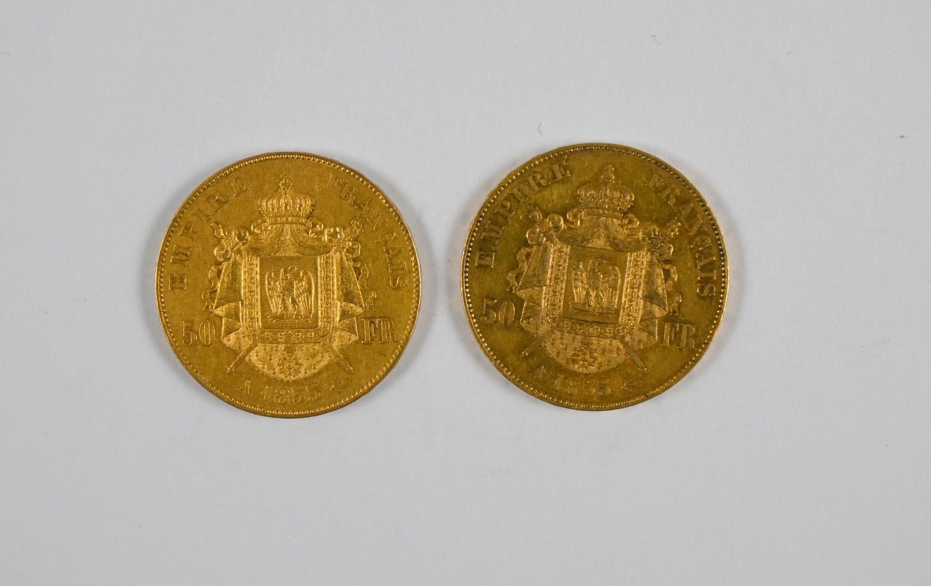 Null Lot de (x2) pièces de 50FF or Napoléon III, tête nue, 1855 - FRAIS REDUITS &hellip;