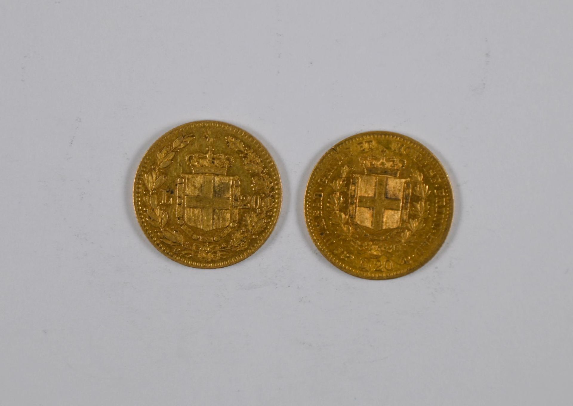 Null 一批（x2）20意大利里拉金币，印有1879年意大利国王维克多-伊曼纽尔二世（Victor Emmanuel II）和1860年撒丁岛国王（King &hellip;