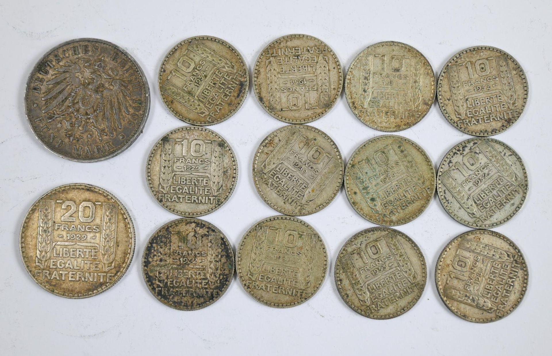 Null 拍品（12枚）30年代10法郎都灵银币 - 附1929年（1枚）20法郎都灵银币 + 1908年（1枚）（5枚）德国马克银币，带有普鲁士威廉二世的轮廓&hellip;