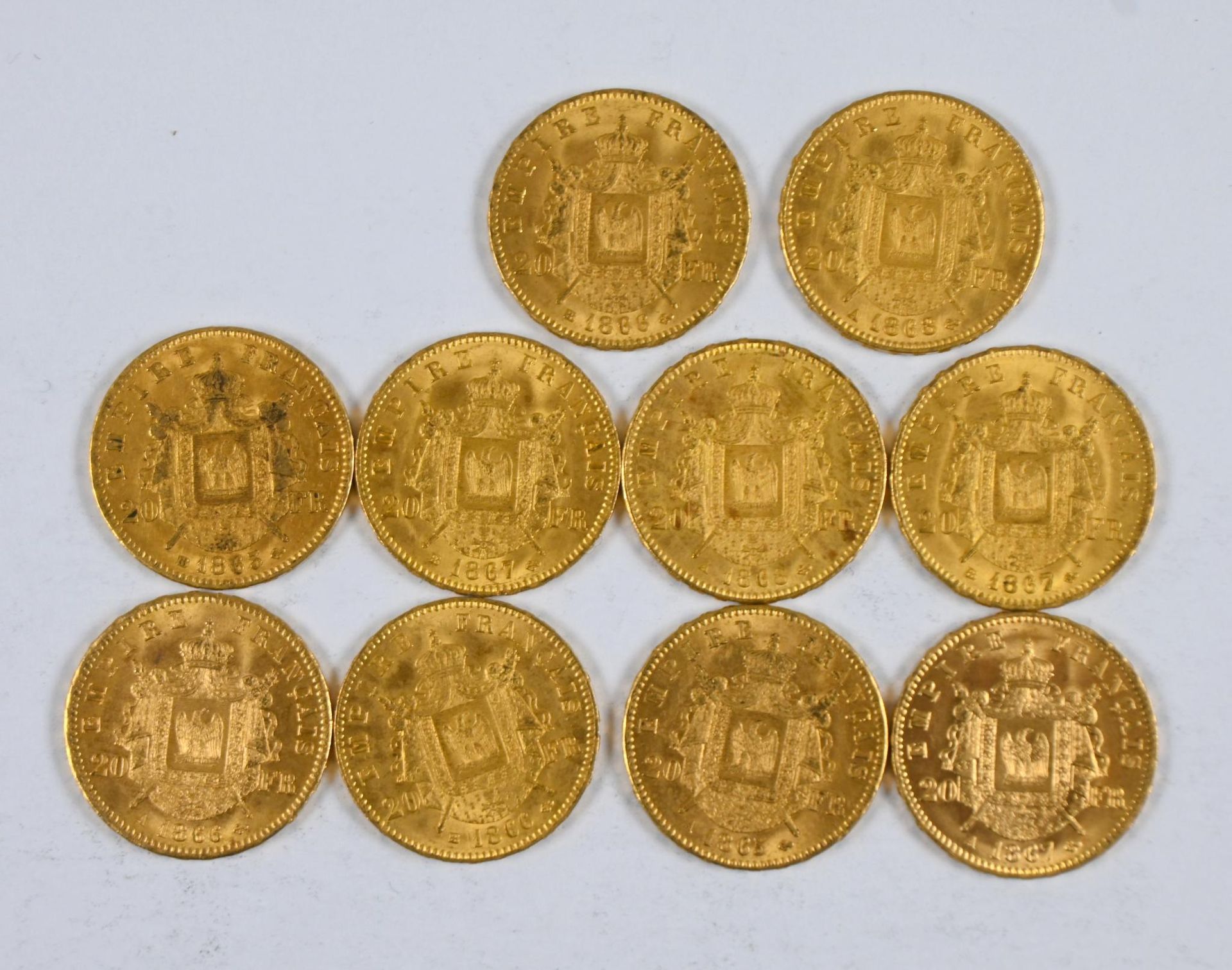 Null 一批（x10）20 FF金币，带拿破仑三世侧面，头戴桂冠，1863, 1868, 1866, 1865, 1867, - 除增值税外，费用降至13.5&hellip;