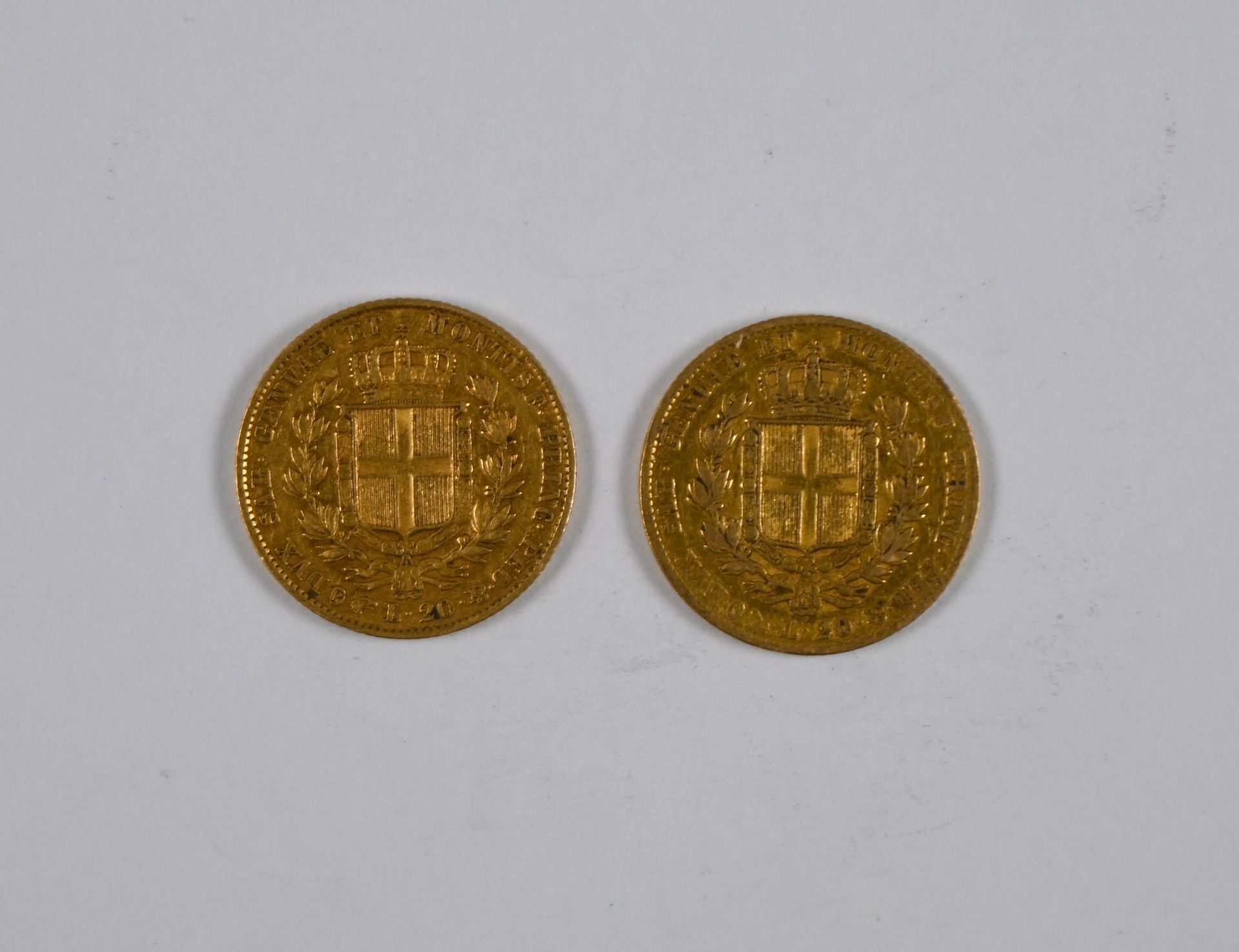 Null Lot de (x2) pièces de 20 Lires Italiennes or, au profil de Charles Albert, &hellip;