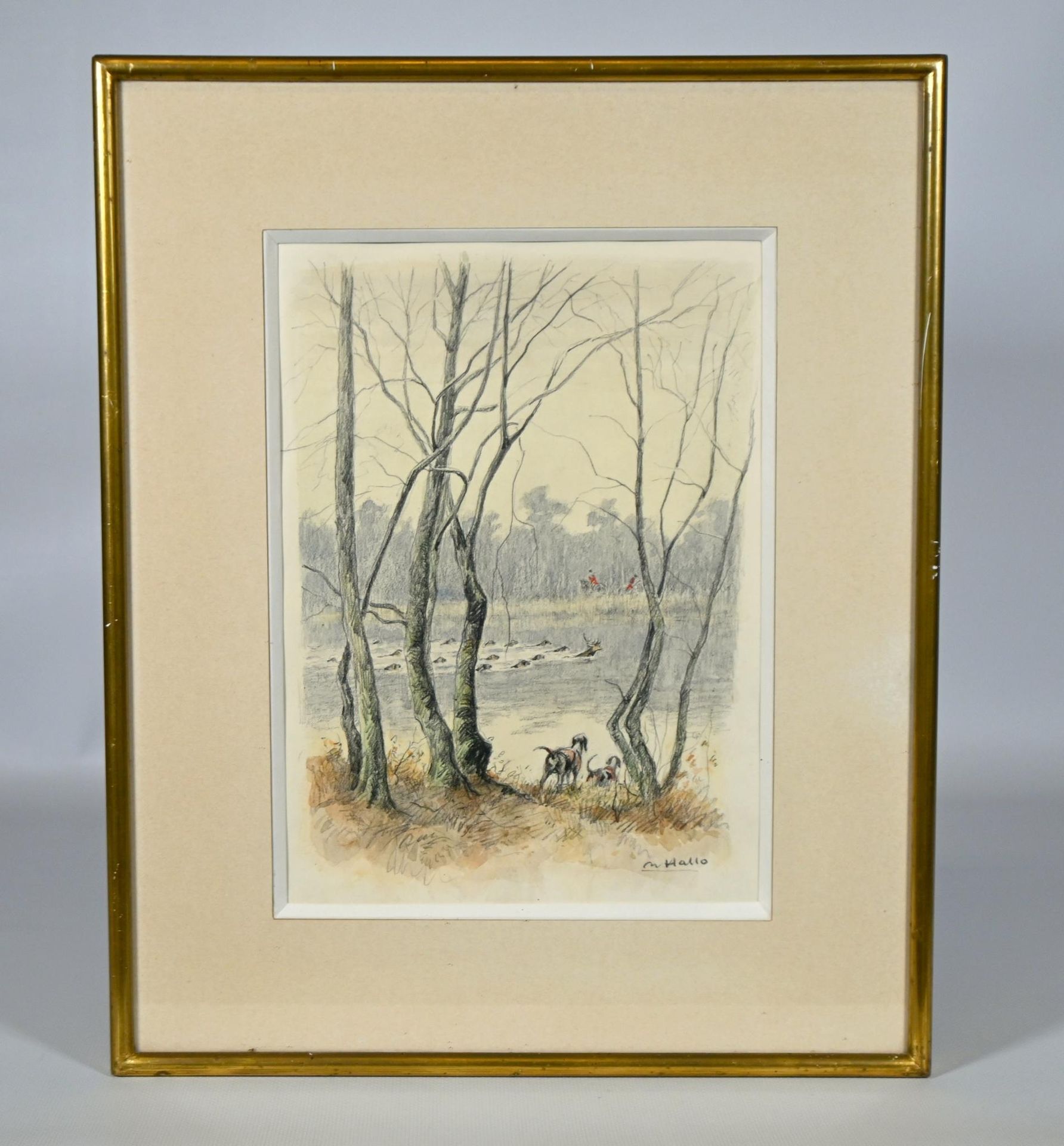 Null Charles Hallo (1882-1969), dessin aquarellé figurant une scène de chasse à &hellip;