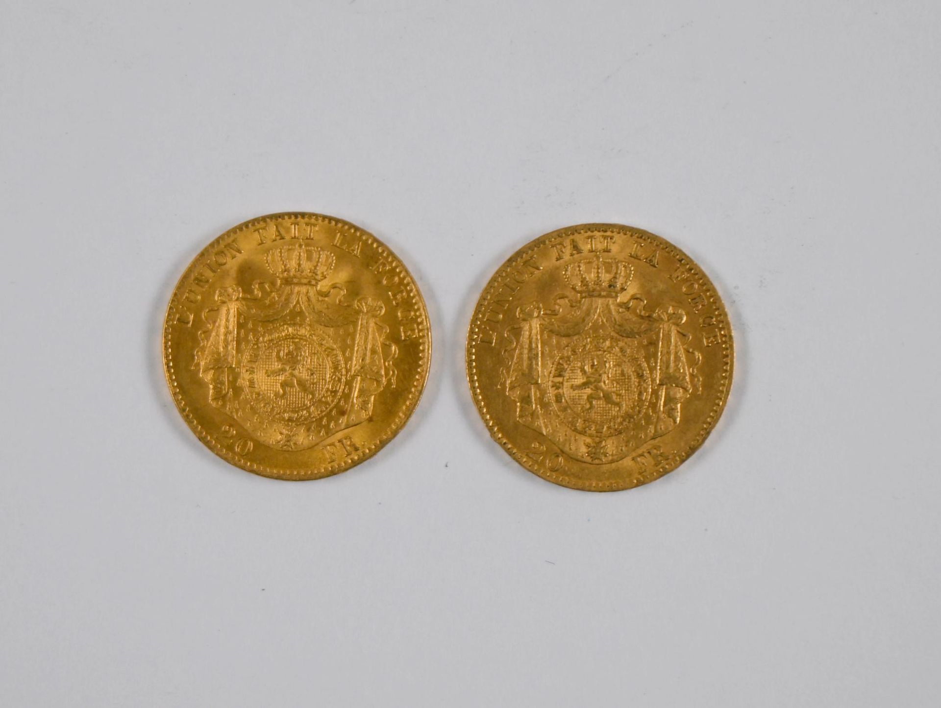 Null Lote de (x2) monedas de oro belgas de 20F, con el perfil del rey Leopoldo I&hellip;