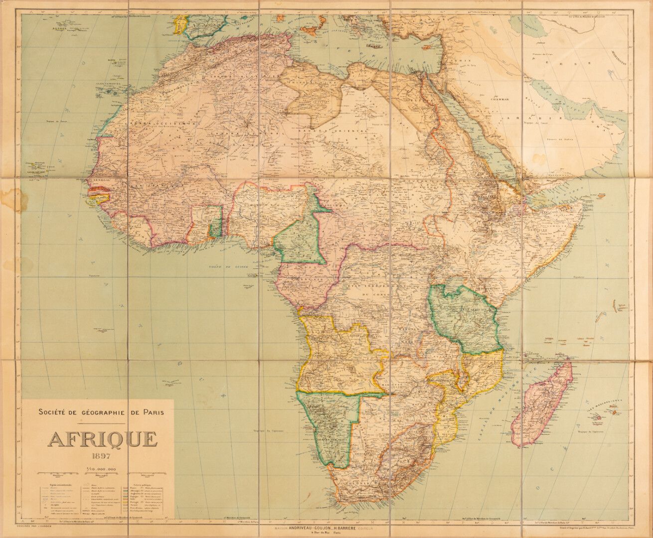 Null 由J.Hansen绘制、Andriveau Goujon Barrere出版的巴黎地理学会1897年的非洲帆布地图。地图背面有卖家Andriveau的&hellip;