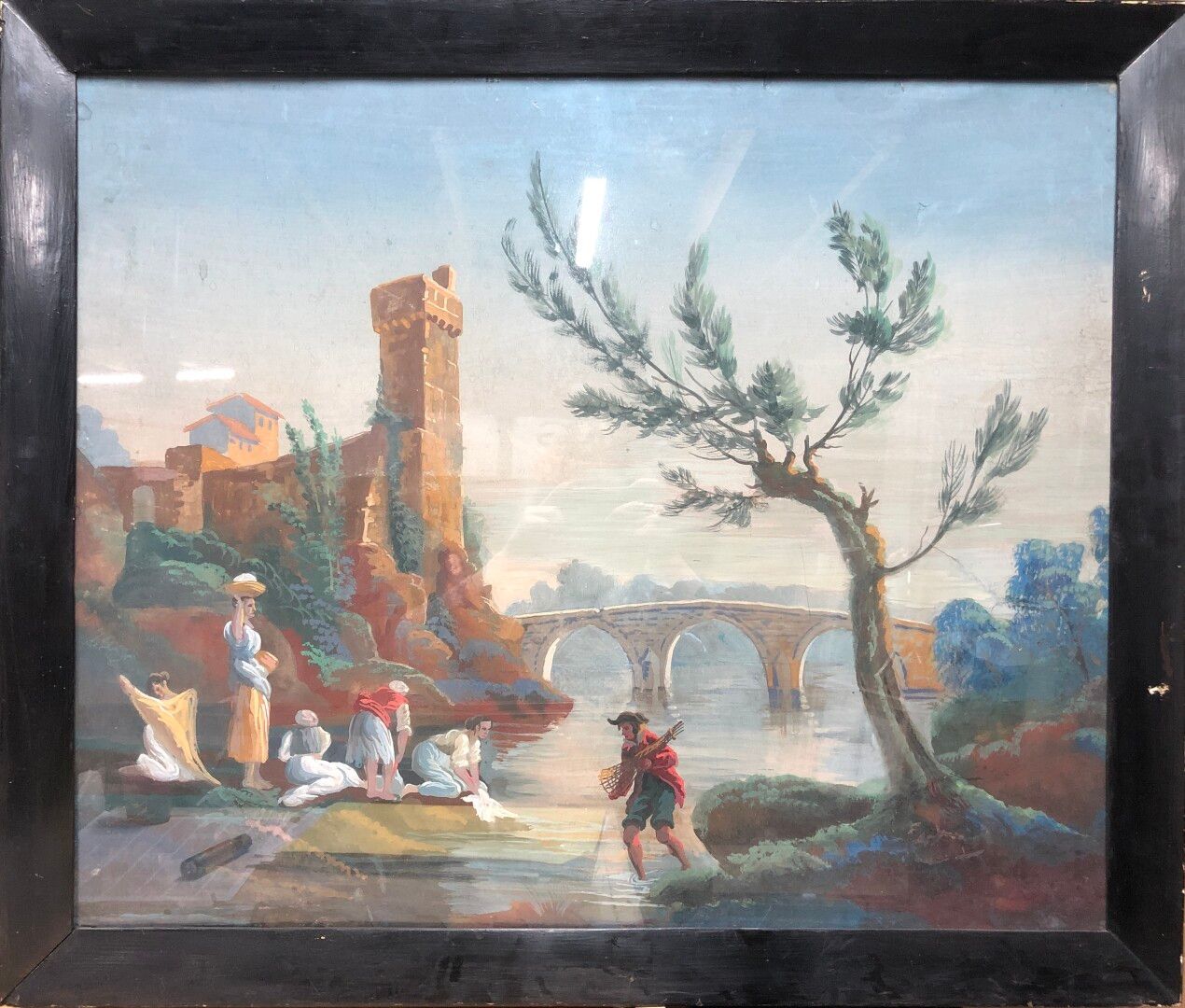 Null 十九世纪的学校

桥和城堡前的洗衣女工

纸上水粉画

61 x 74,5 cm (事故，修复)