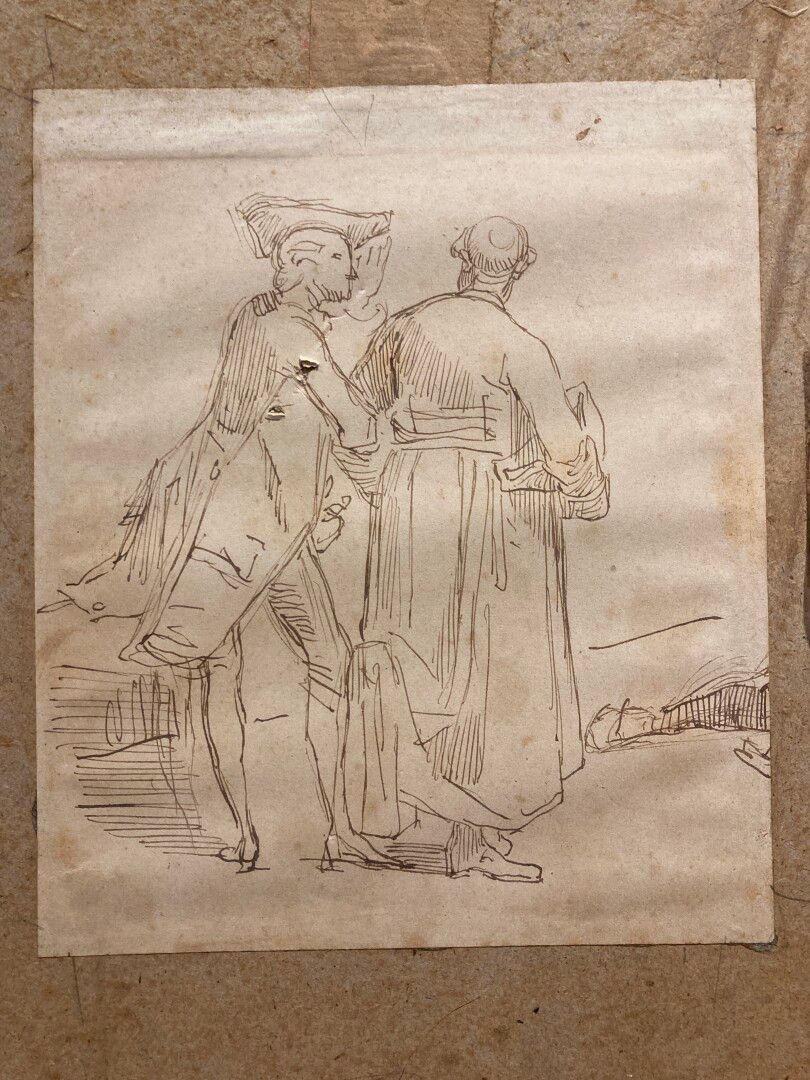 Null 十九世纪的法国学校

一位绅士和一位牧师从后面过来

钢笔和棕色墨水（事故、撕裂、污点）。

13 x 12 cm