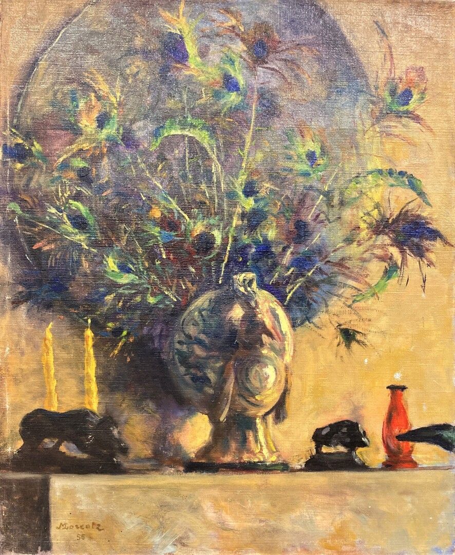Null MORENTZ（20世纪

花瓶和孔雀羽毛的静物画

布面油画，左下角有签名和日期56

61 x 50厘米（划痕）。