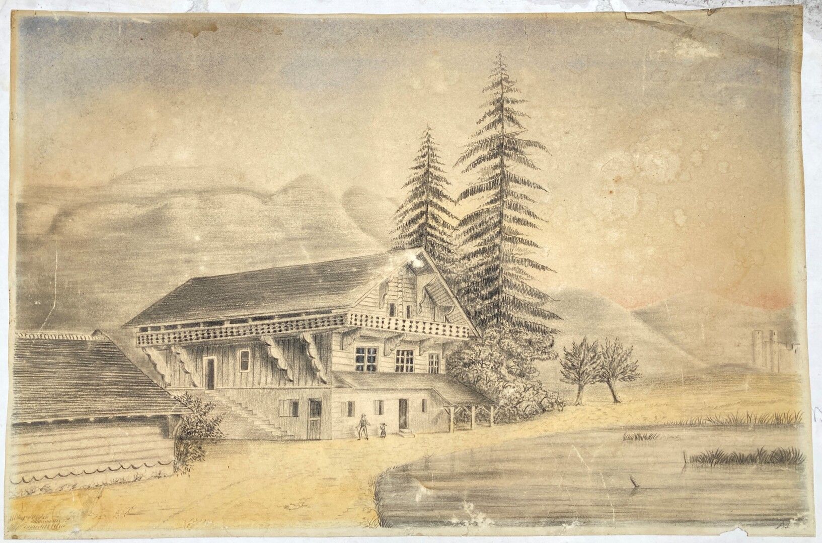 Null 大约1850年的瑞士学校

景观与水磨

景观与木屋

一对图画，黑色铅笔和白色亮点

一件是在底部中间有图案的公元55年（?），另一件是在底部右侧有&hellip;
