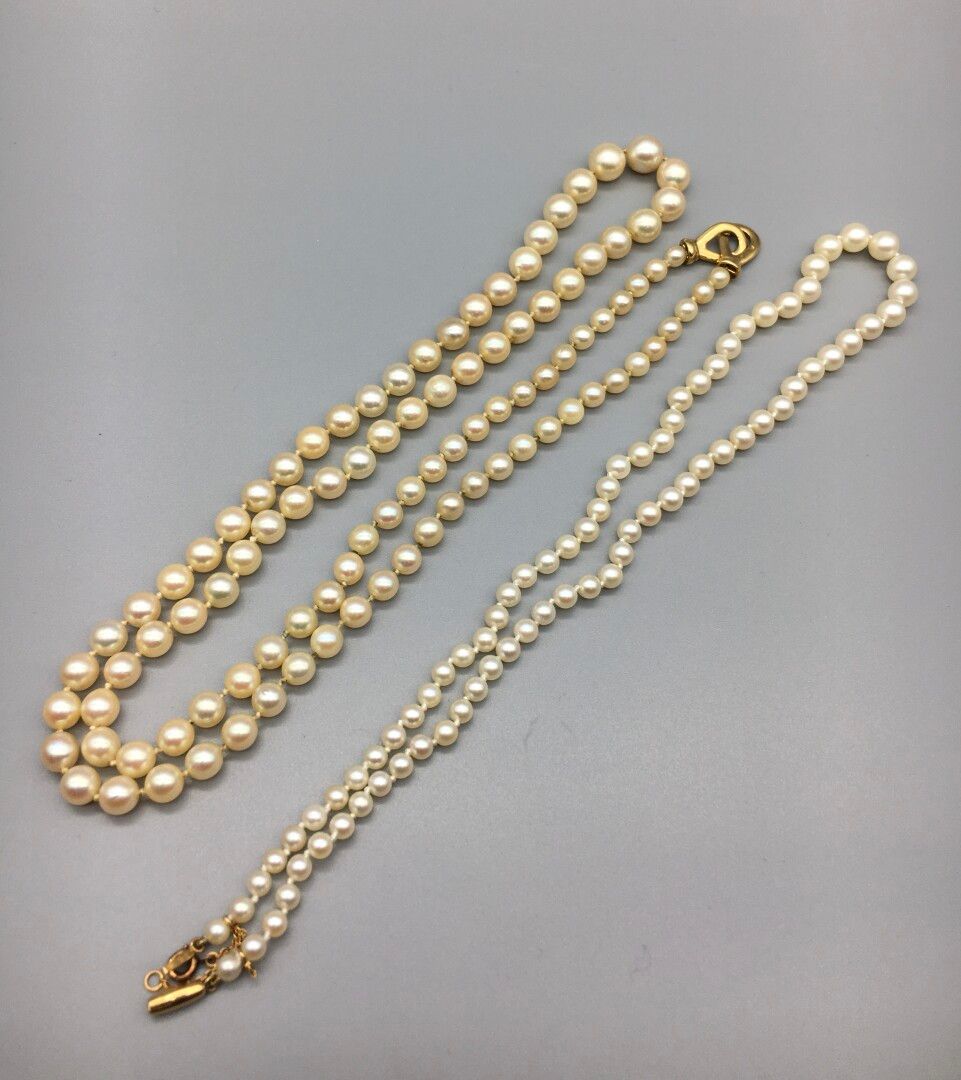 Null Lot comprenant :

Deux colliers de perles de cultures en chute sur fil à no&hellip;