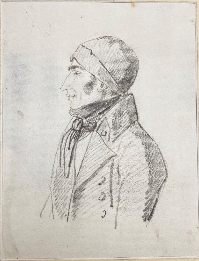 Null 约1820年的法国学校

戴着帽子的男子轮廓画像

黑色铅笔

21,5 x 16 cm

背面印有 "Haudebourt-Lescot"，代表Ho&hellip;