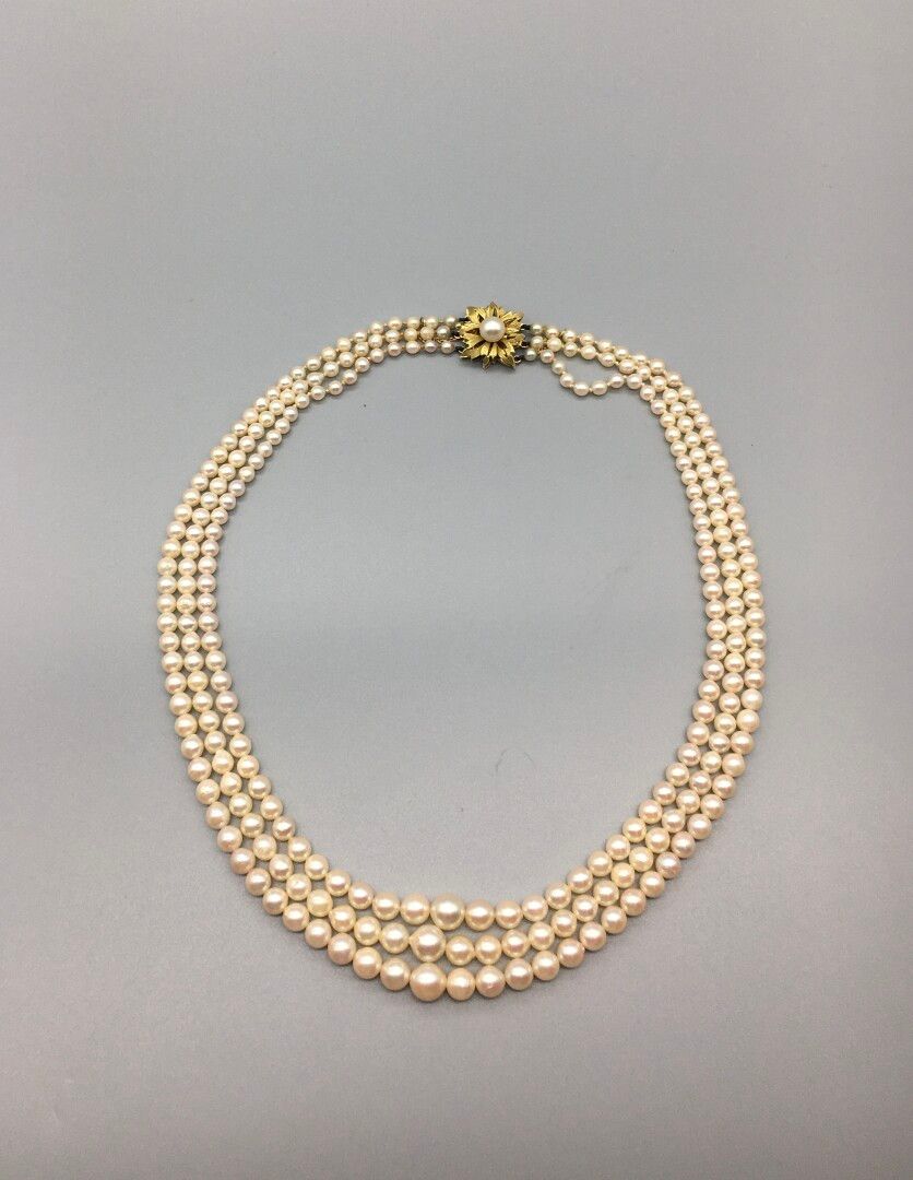 Null 3排养殖珍珠安装在钢丝上的项链，18K黄金750的花形扣，中间装饰有一颗养殖珍珠，棘轮系统与安全链。

法国的工作。

有使用的痕迹，预计有穿线。

&hellip;