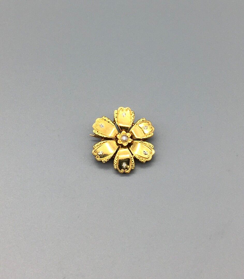 Null 三色18K750金胸针，形状为一朵花，中间镶有半颗珍珠，可能是精品（未测试）。

法国的工作。

状况良好

直径：2,50厘米

重量 : 2,80&hellip;