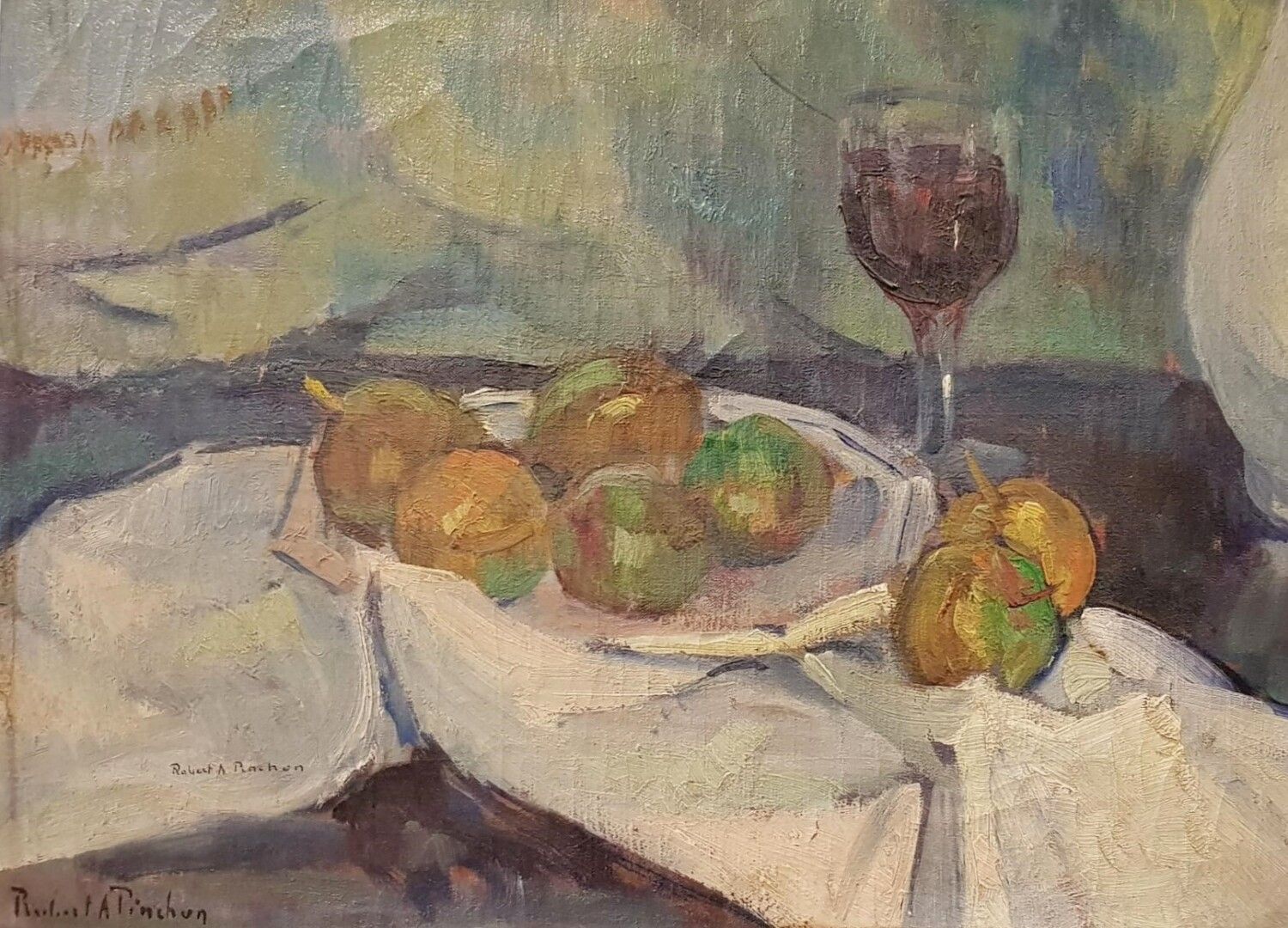 Robert Antoine PINCHON (1886-1943) 
Nature morte pommes et verre de vin 
Huile s&hellip;
