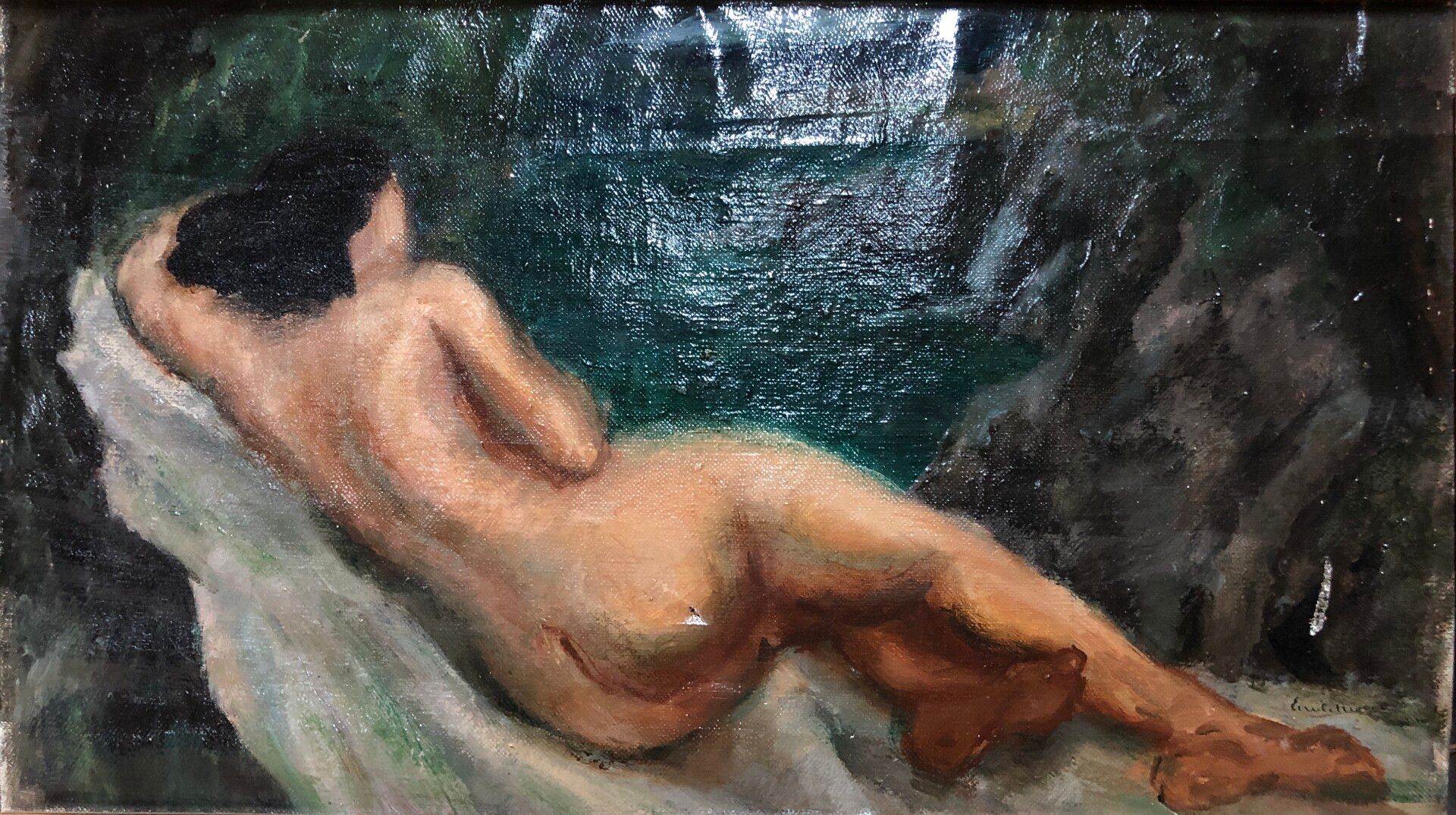 Null 现代学校

裸体躺在岩石海岸前的人

布面油画，右下角有 "Emile...?

25,5 x 45,5厘米（划痕，孔）。