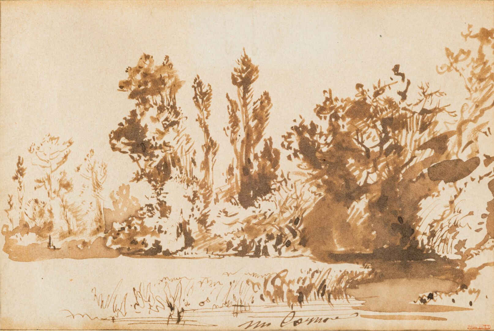 Null 保罗-休特

(巴黎1803 - 1869年)

有河流和高大树木的景观

钢笔和棕色墨水，棕色水墨

18 x 15厘米

右下方印有工作室印章（L&hellip;