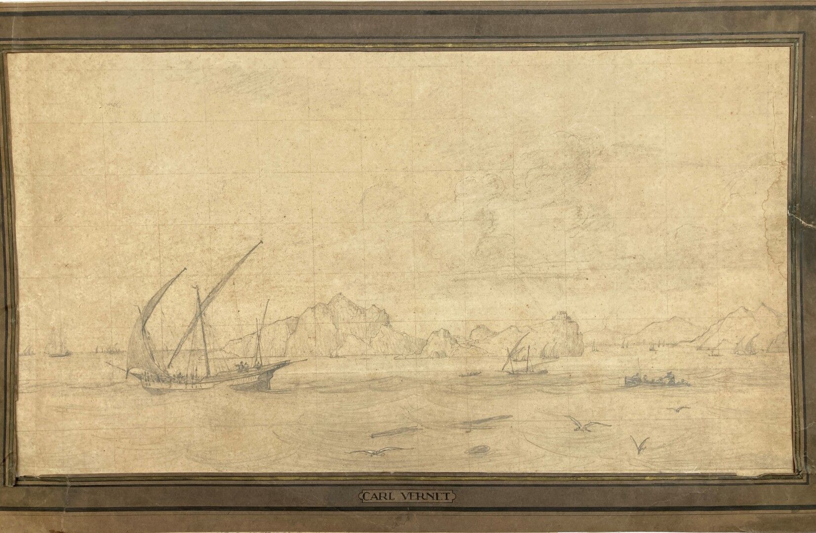 Null 19世纪法国学校，Joseph Vernet的追随者

海上的船只

黑色铅笔，平铺（有题字）。

40 x 55厘米