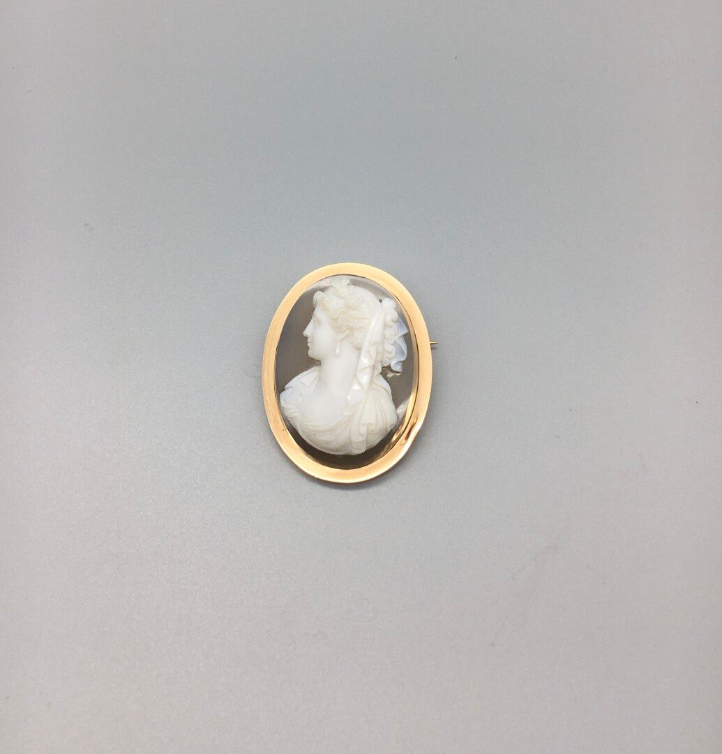 Null 一枚18K 750黄金胸针，椭圆形，玛瑙上的浮雕代表一位年轻女性的轮廓。

镶嵌物的下边缘有小的凹痕。

法国作品，19世纪末。

尺寸：3,60 x&hellip;
