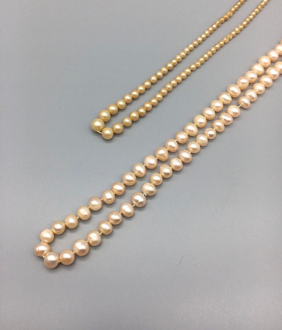 Null 一条淡水珍珠项链，没有扣子。

附有一条带有白色金属扣的花式项链。