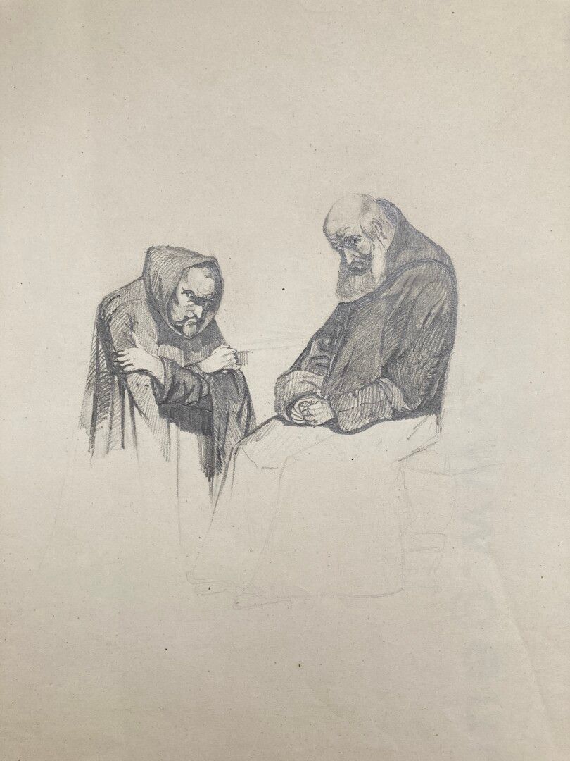 Null 19世纪法国学校，保罗-德拉罗什的追随者

两名僧人

黑色铅笔

33 x 22 cm