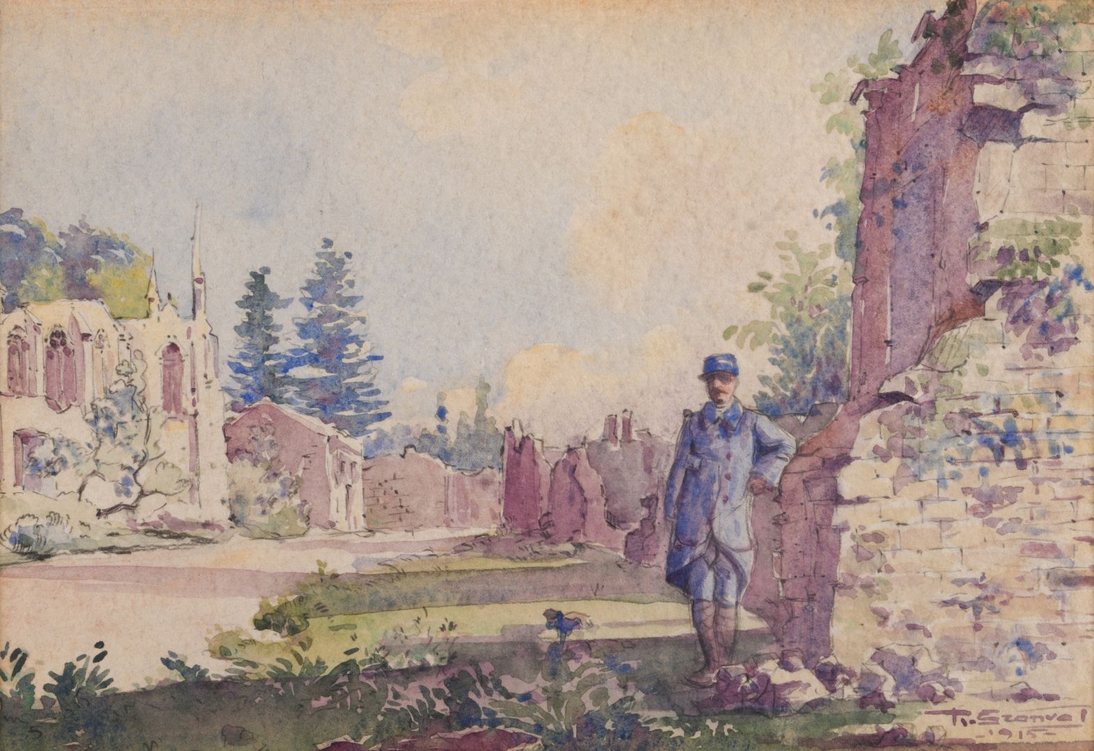 Null T.GRANVAL (二十世纪)

两幅水彩画《阿尔克1915》和废墟中的军官

右下方有签名，日期为1915年

27x18和16x23.5厘米