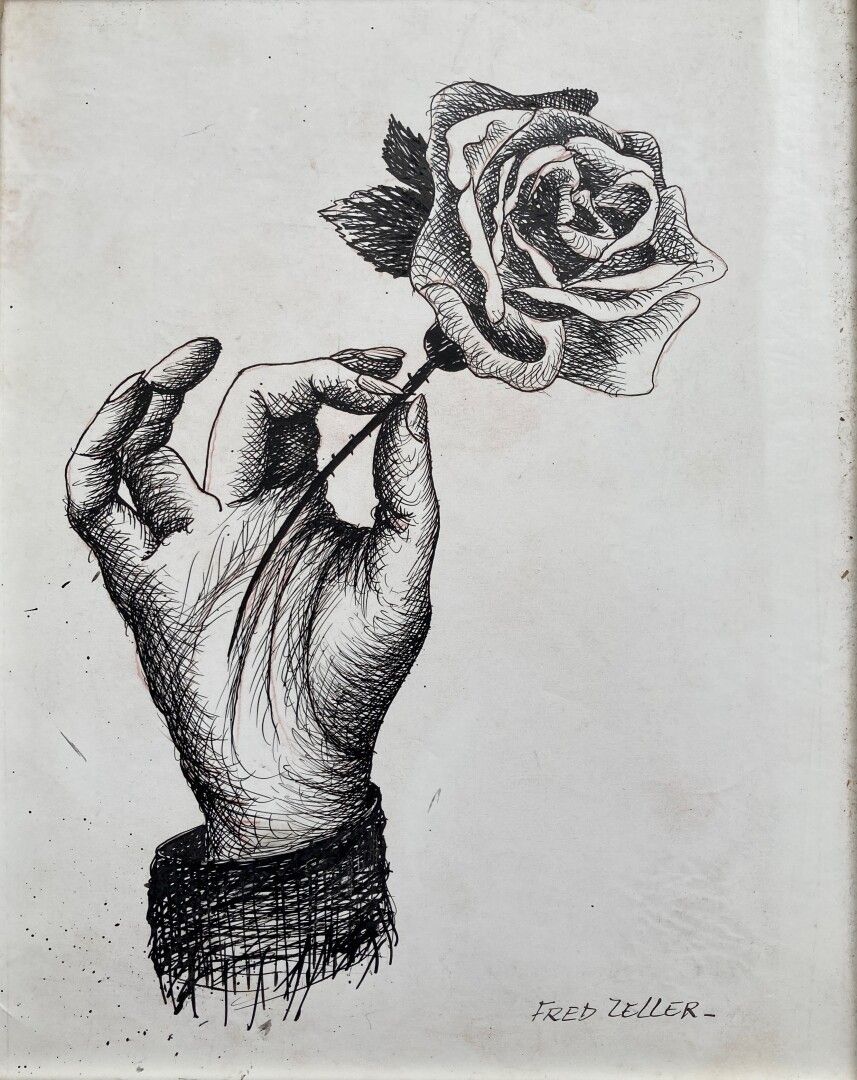 Null Fred ZELLER

(巴黎1912年-贝尔热拉克2003年)

带着玫瑰的手

钢笔和黑墨水

23,5 x 18,5 cm

右下角署名：Fr&hellip;