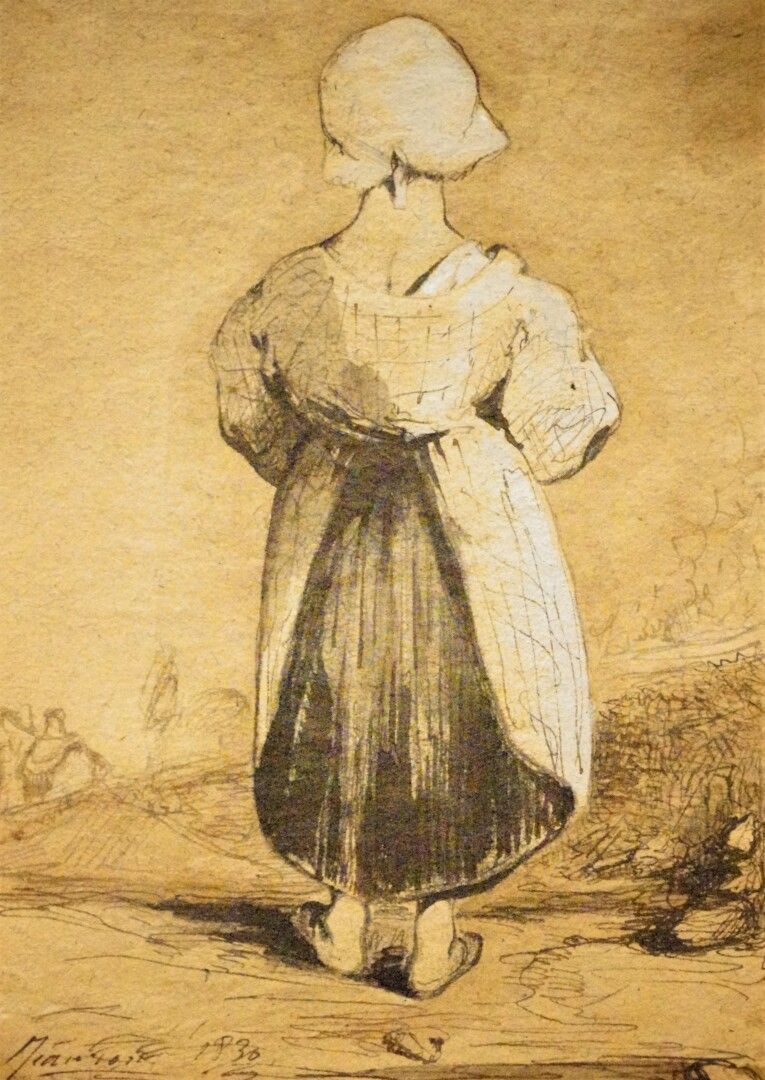 Null 安托万-阿尔方斯-蒙福尔

(巴黎1802 - 1884)

背对道路的小农妇

米色纸上的钢笔和黑灰墨水，黑灰水洗，白色高光

12,5 x 9 c&hellip;