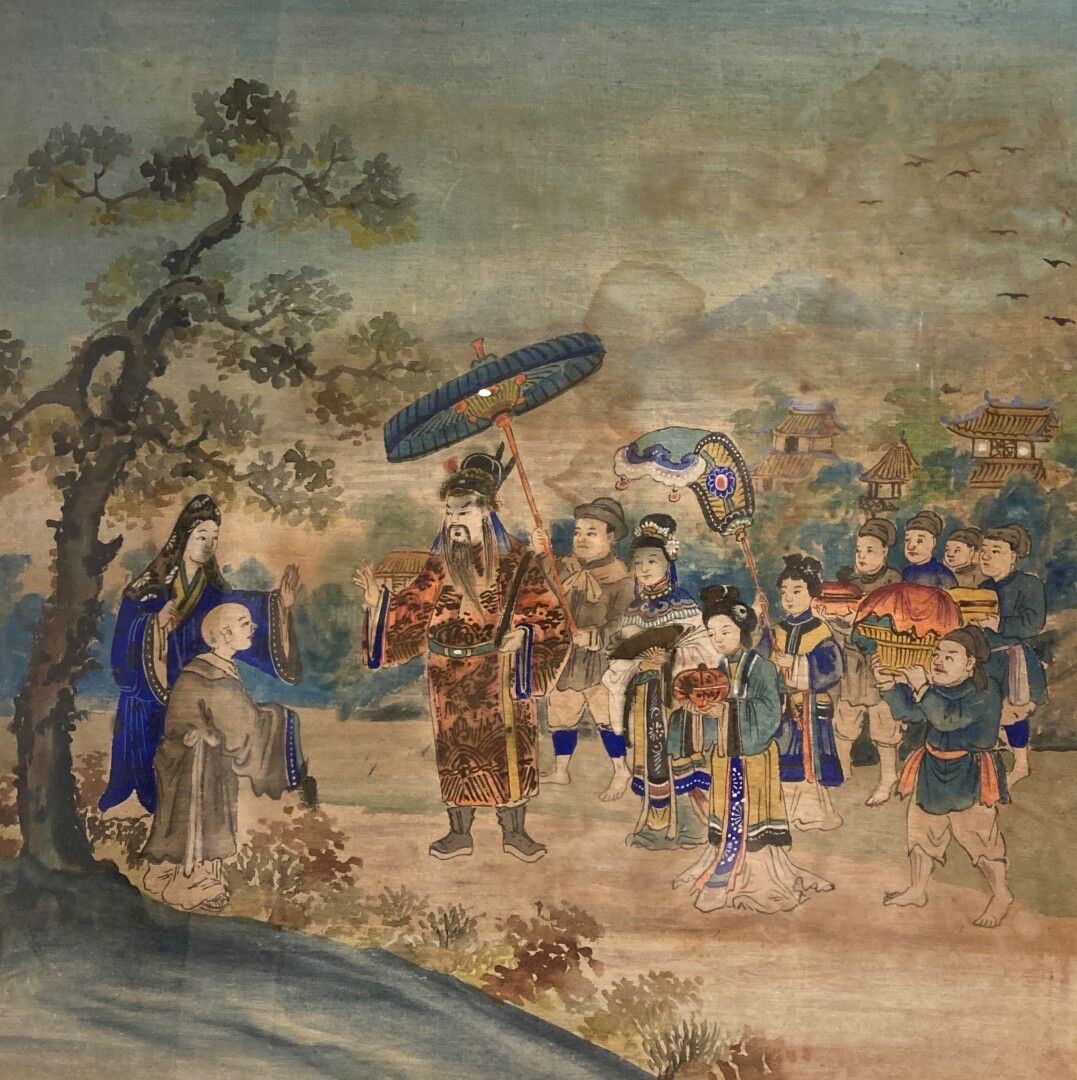 Null 中国

一位政要和他的护卫在河边拜访一位僧人

在丝绸上作画（潮湿的污渍

55 x 54 cm