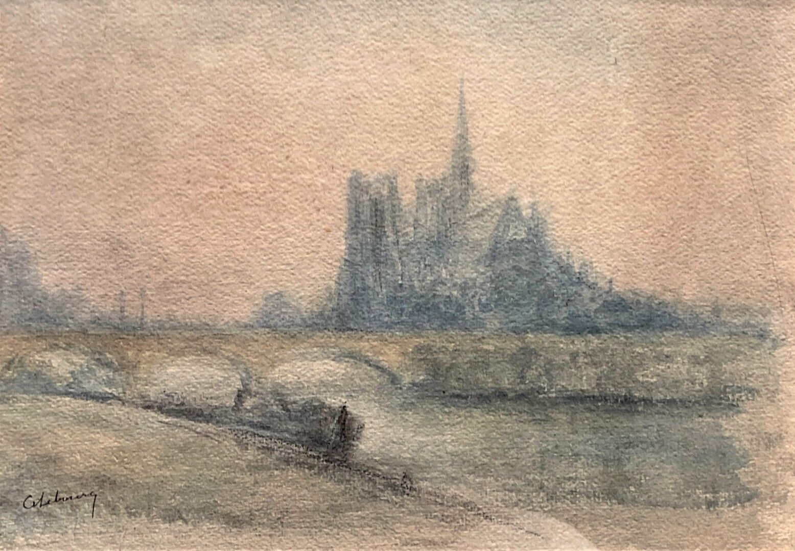 Null 阿尔贝-玛丽-勒布尔(1849-1928)

从码头看巴黎圣母院

左下角有签名的水彩、木炭和粉笔画

21 x 29厘米（纸张略微发黄