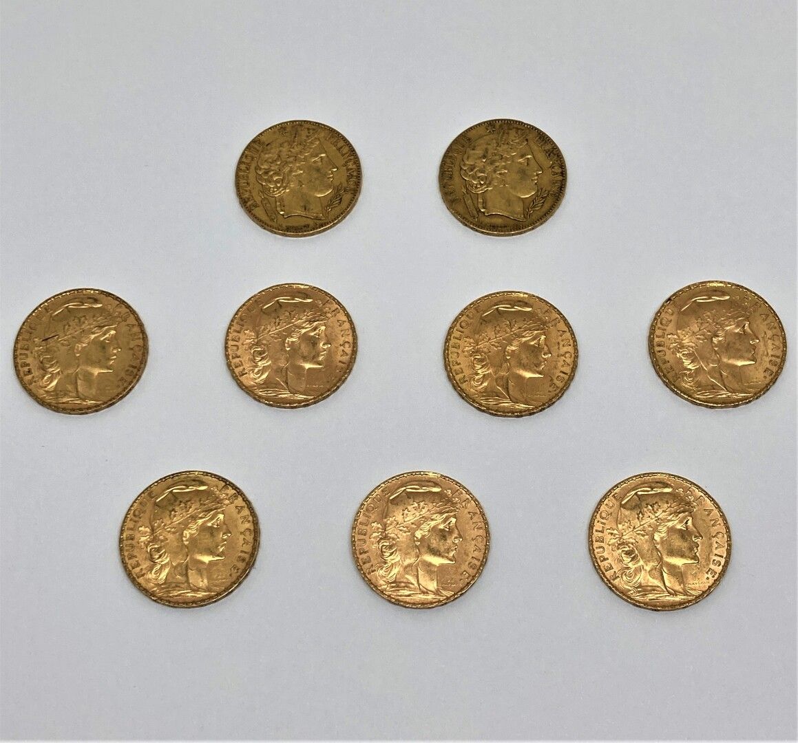 Null 9 monete da 20 franchi oro:

Coq Marianne J.C. CAPPELLANO: 2 del 1913, 1904&hellip;