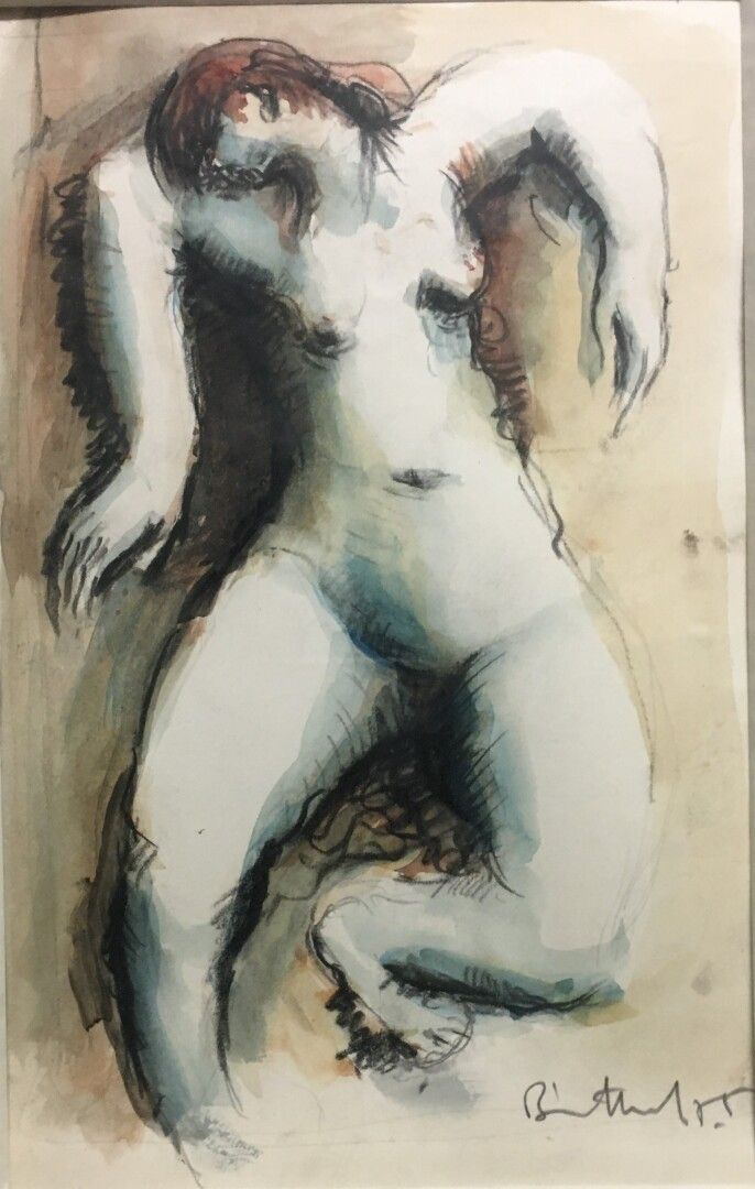 Null 舍勒（20世纪

伸开双臂的裸体

右下角有签名和日期的水彩画，1955年

20 x 13厘米