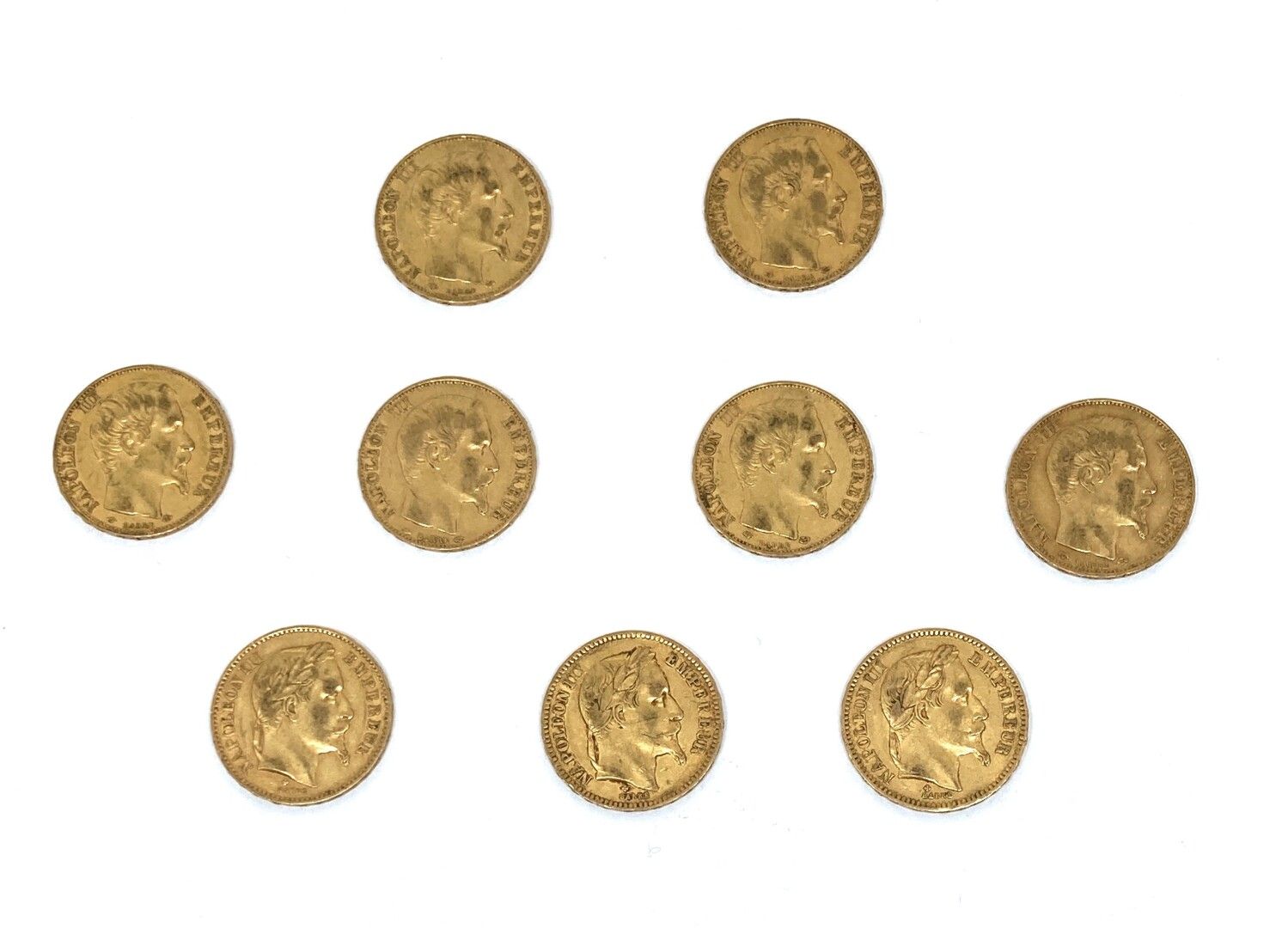 Null 9 Münzen zu 20 Franken Gold :

NAPOLEON III BARRE : 2 von 1859 A, 2 von 185&hellip;
