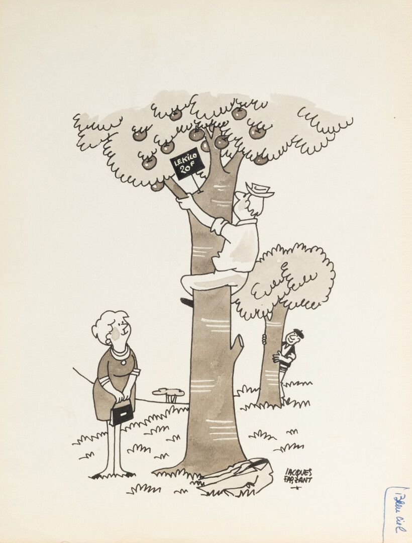 Null 雅克-费赞 (1918-2006)

一公斤的苹果

黑色墨水和水墨画，右下方有签名，背面有日期：1972年8月22日

32,5 x 25 cm

&hellip;