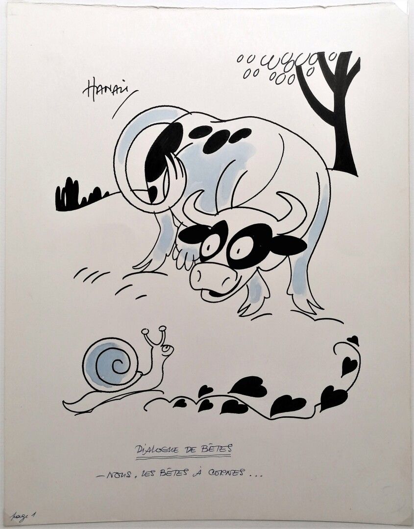 Null 哈努

动物的对话

黑墨水和水彩画，右上方有签名，有标题和说明。

- 我们，有角的野兽。

33 x 25厘米（注释）。