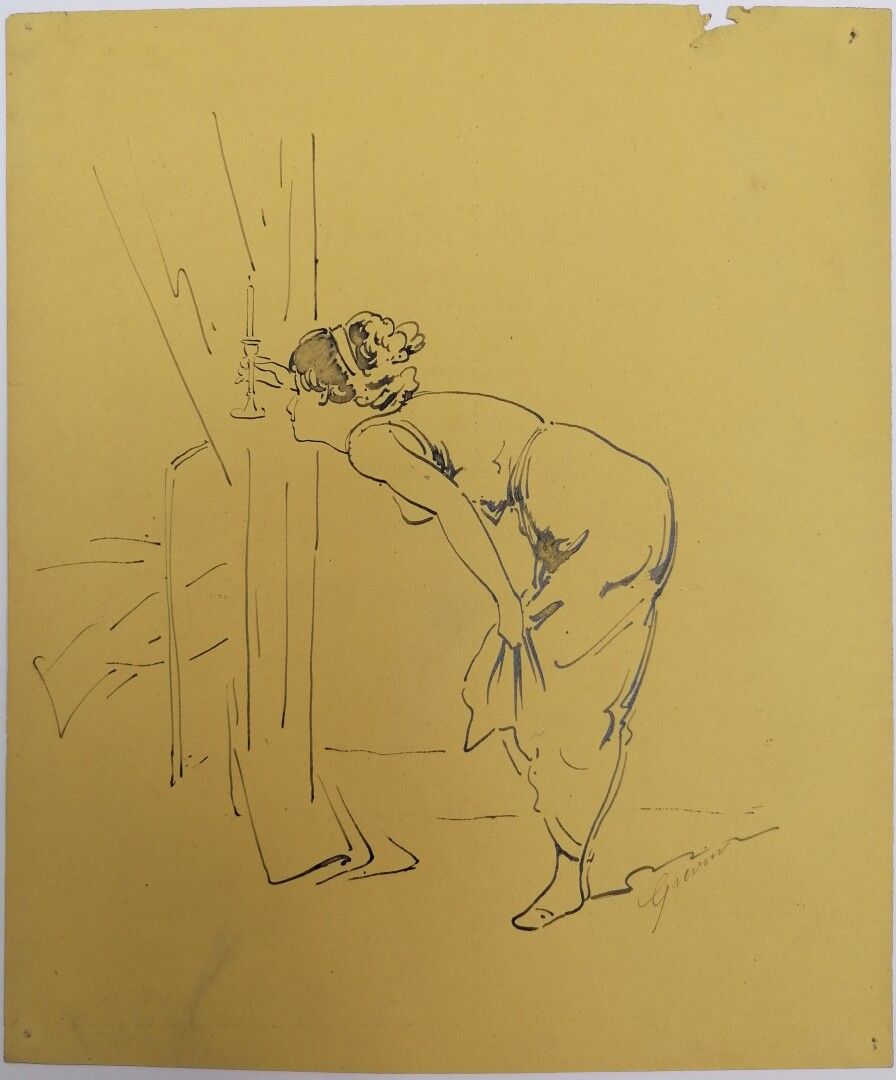 Null 阿尔弗雷德-格雷文(1827-1892)

烛光里的女人

黄纸上的印度墨水，右下方有签名

26,5 x 22 cm (撕裂和污渍)