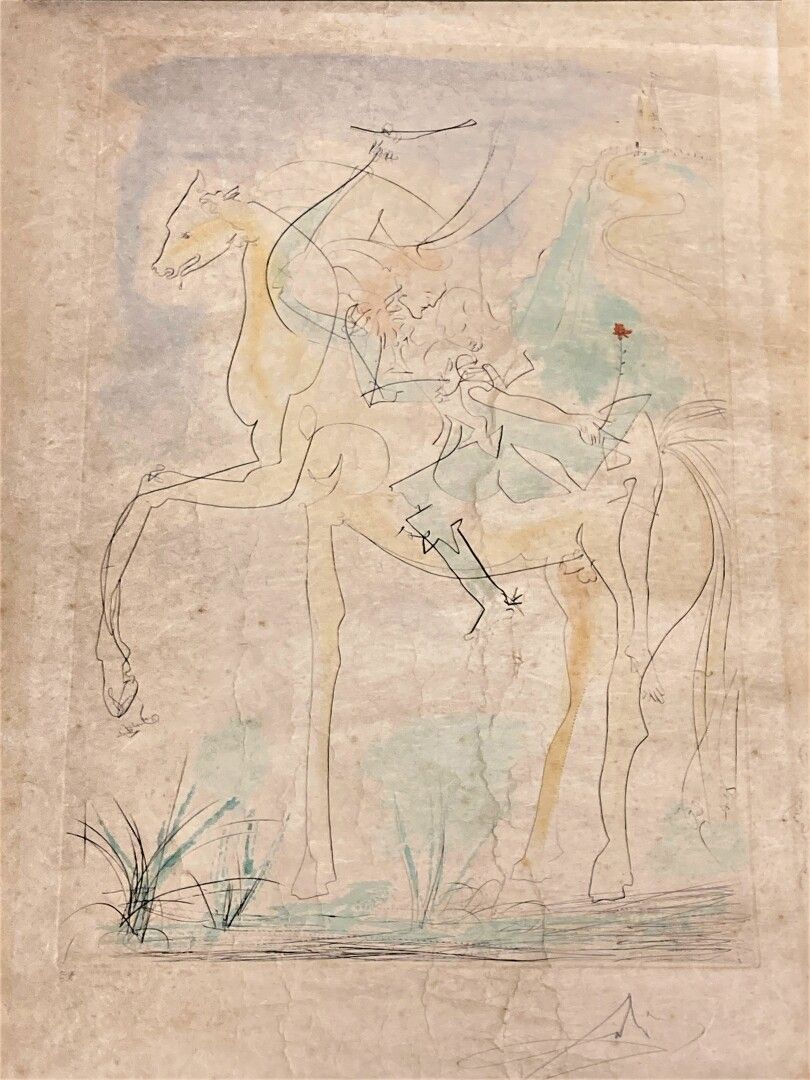 Null 萨尔瓦多-达利(1904-1989)，后

向丢勒致敬，马背上的情侣，1971年

彩色石板画，右下方有签名，左下方有注释E.A.

78 x 57厘&hellip;