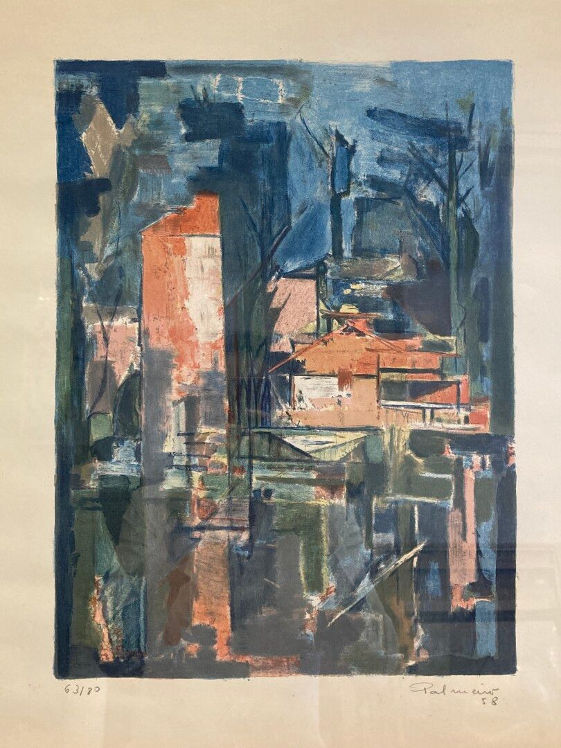 Null 何塞-帕尔梅罗(1901-1984)，经过

靠近湖边的房子

右下角有签名的彩色石版画，编号为63/80

58 x 46