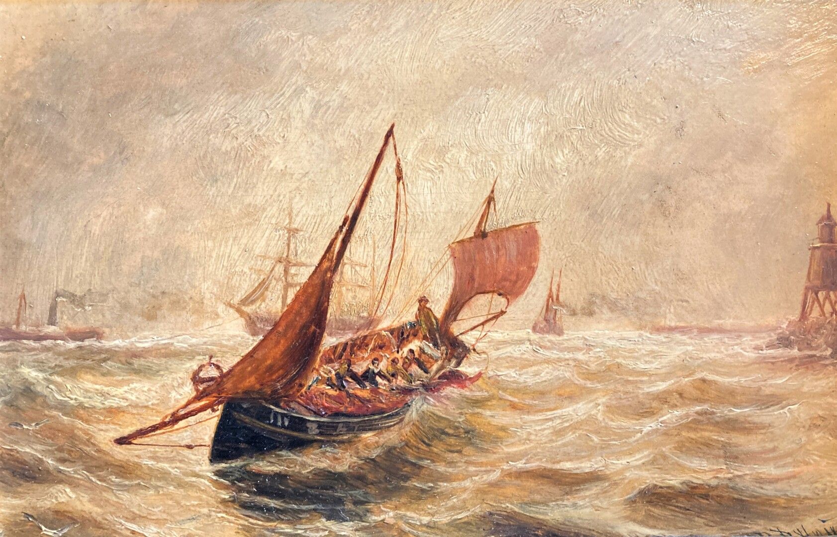 Null 19世纪末的学校

进入风暴的船只

海滩上的船只

右下角和左上角有签名的一对板油画

14 x 22 cm