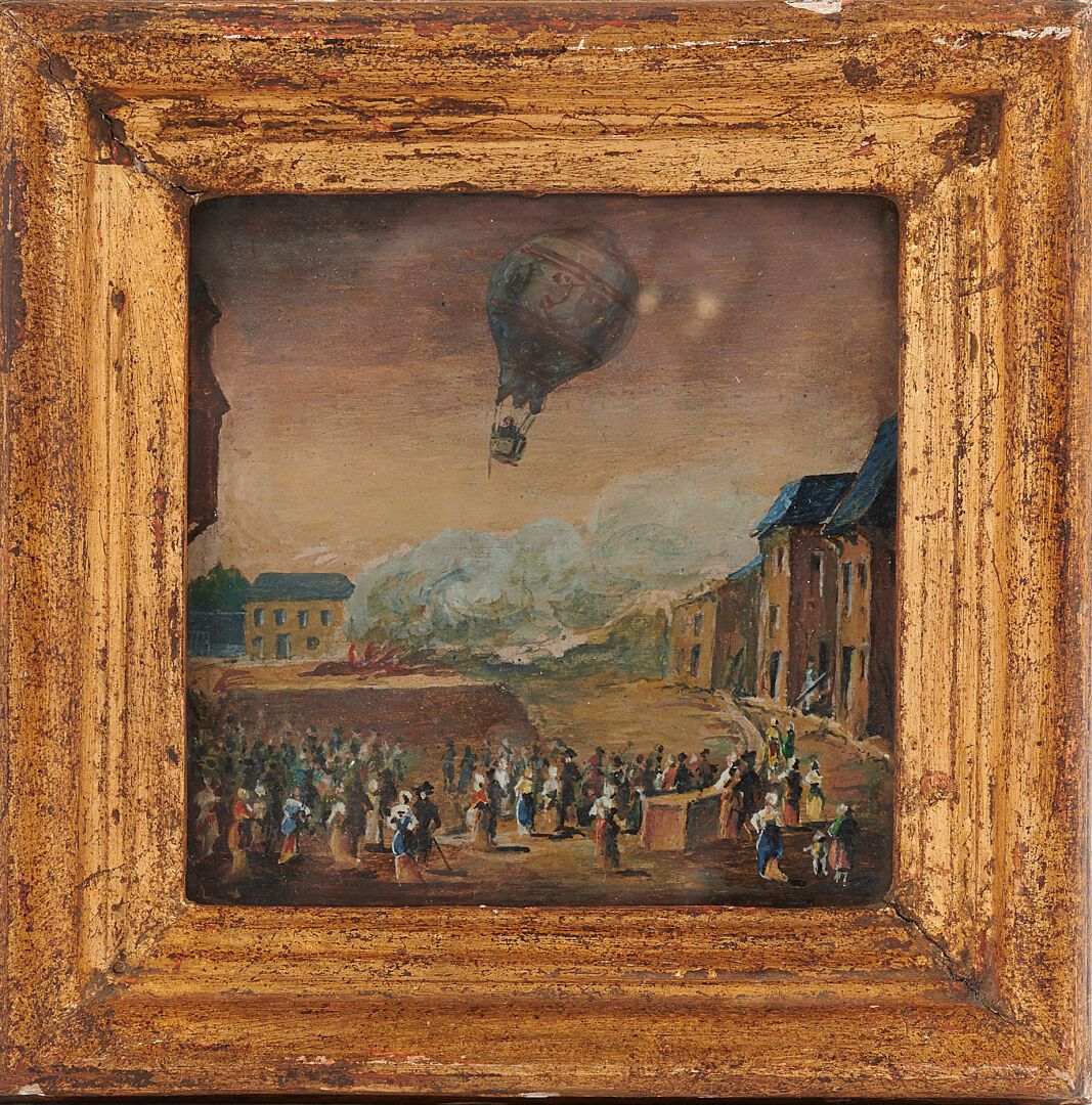 Null 19世纪的法国学校

气球在集会前的飞行

油画板上的微型画

8,5 x 8,5 cm