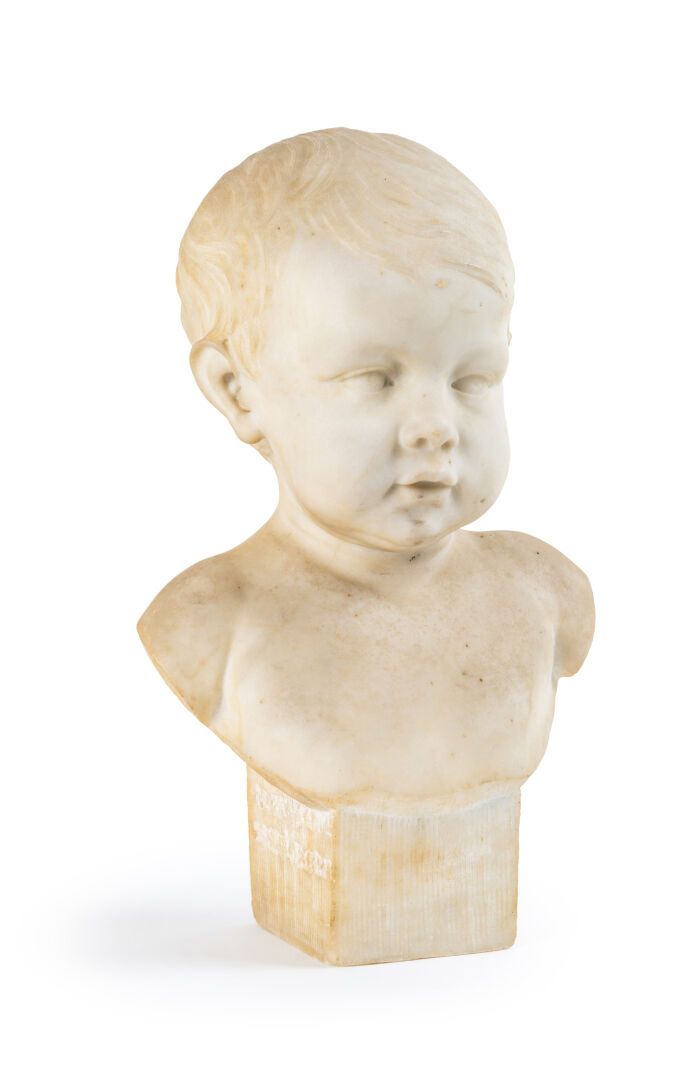 Null Bust of a boy in white marble on a square base

Trace of signature : "...Le&hellip;