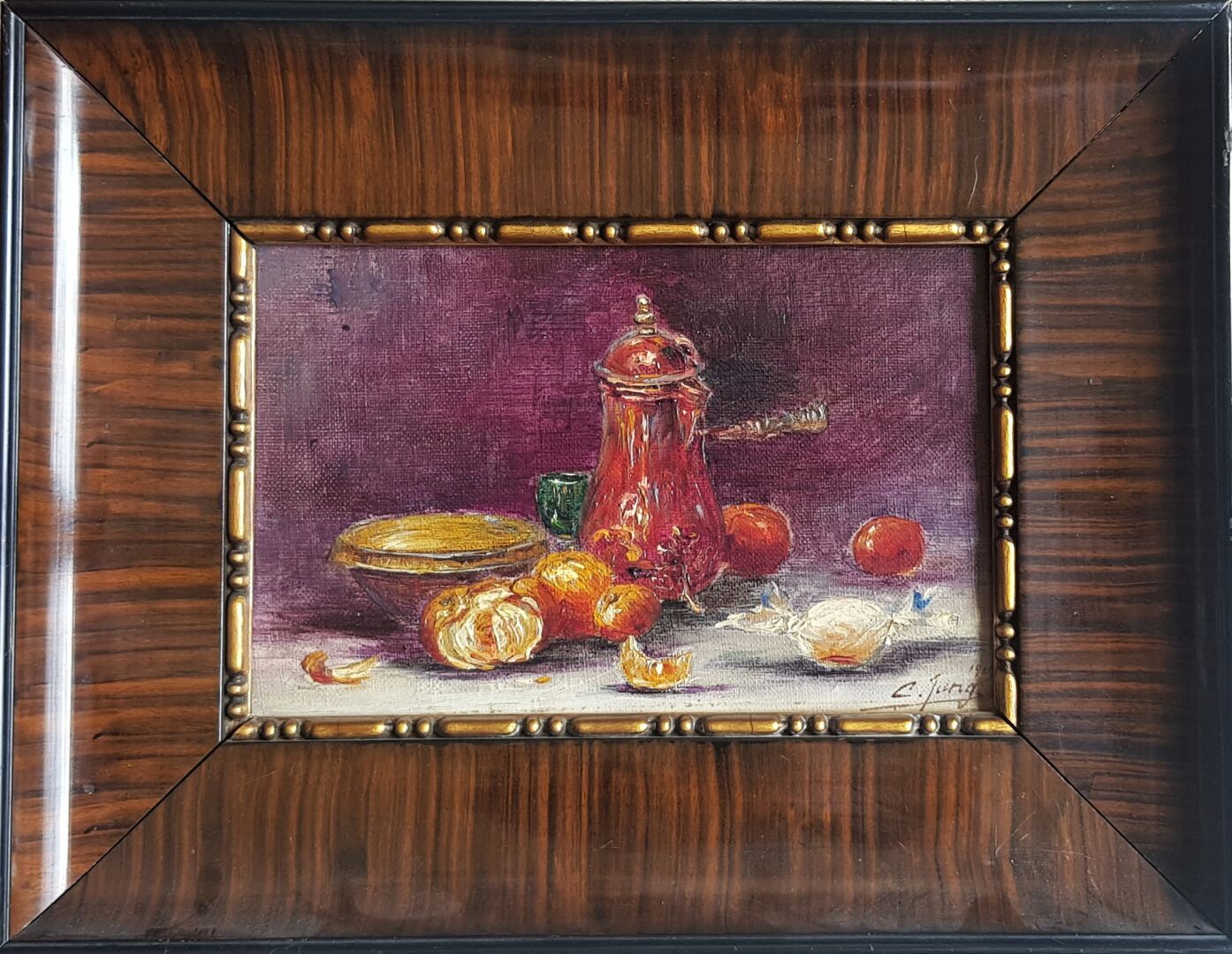 Null 查尔斯-弗雷德里克-容格 (1865-1936)

石榴盆的静物画

布面油画，左下角有签名

16 x 24 厘米



巧克力罐和水果的静物画

&hellip;