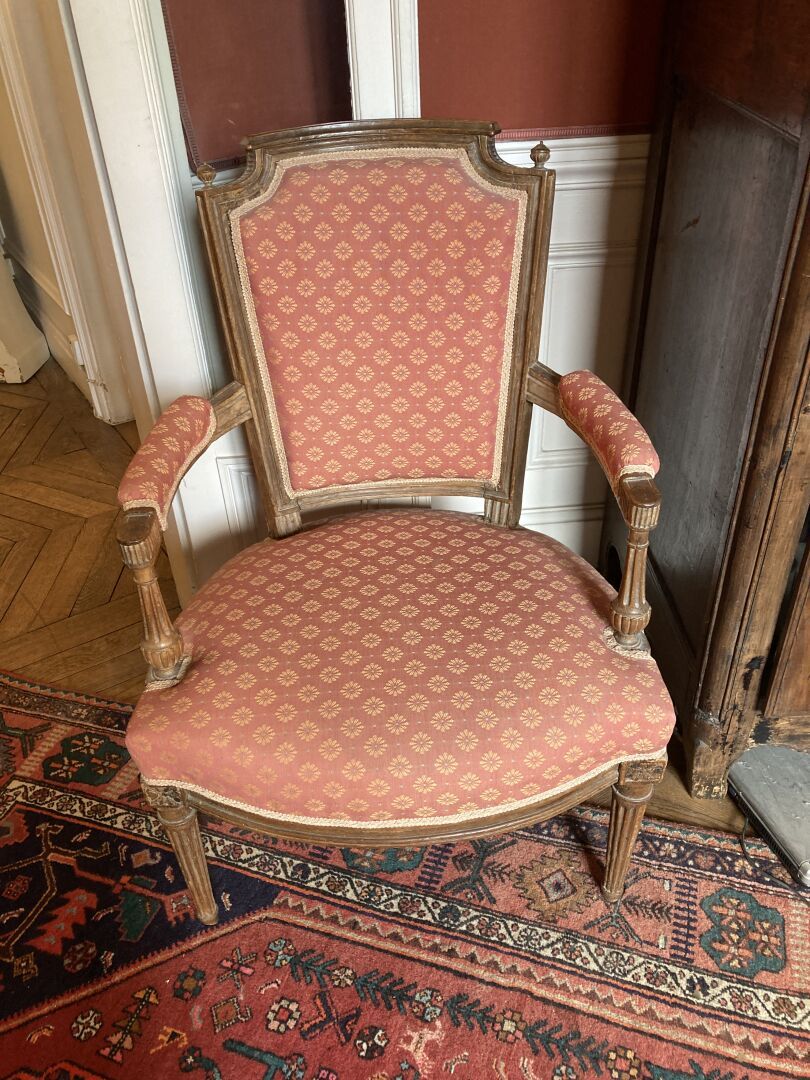 Null 一对路易十六风格的扶手椅，采用天然木质的卡布里埃式靠背，模制和雕刻。

高度88 - 宽度57 - 深度60厘米