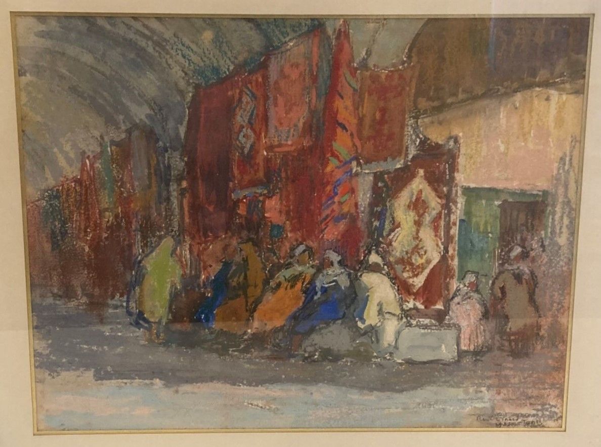 Null 勒内-皮纳尔 (1883-1938)

男子在地毯露天市场的集会，突尼斯 1933年

右下角有签名和日期的油脂铅笔

26 x 34 厘米